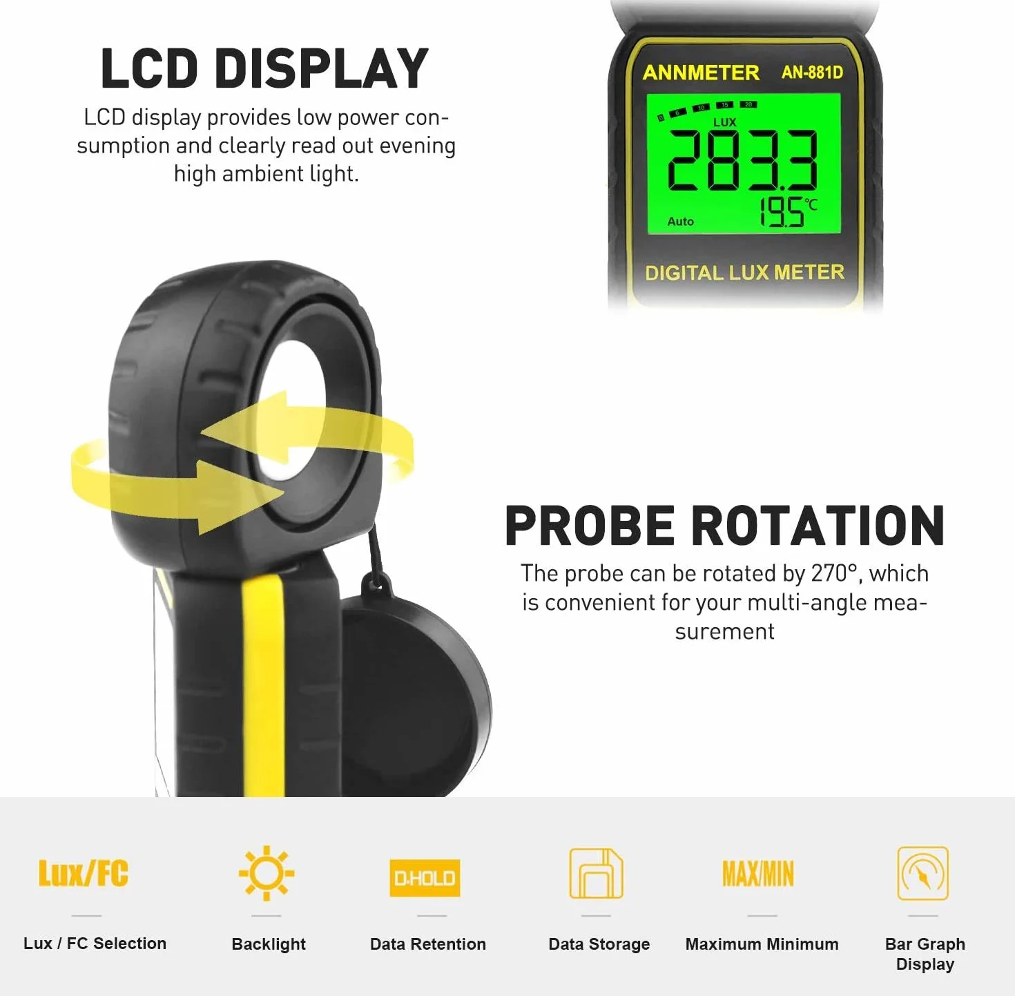 AIOMEST Luxmetro Digitale Portatile, Rilevatore di 0,01~400.000 Lux Rotante, Misuratore di Illuminamento a 270° per Luce di Crescita Delle Piante, Luci esterne per Interni, Acquario, AI-881D, Giallo