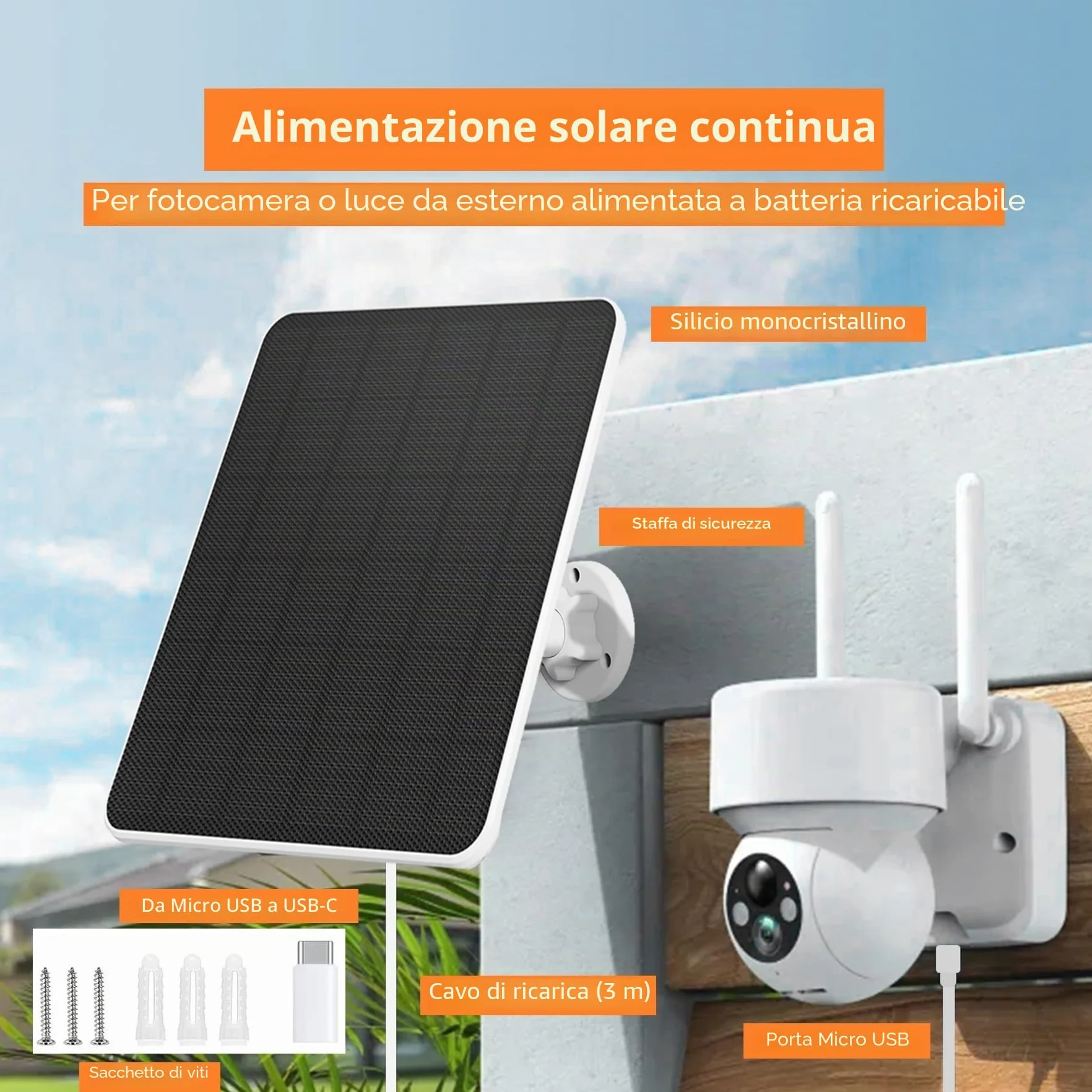 Pannello Solare da 6W per Telecamera di Sorveglianza,Pannello Solare USB per Telecamera di Sicurezza DC 5V a Batteria Ricaricabile,Campanello e Illuminazione Esterna cavo IP65 da 3m,Staffa Regolabile
