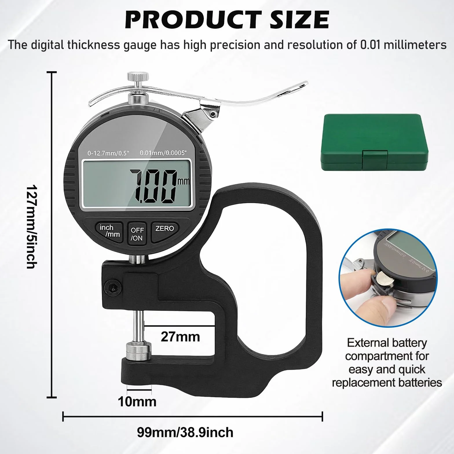 Misuratore di spessore digitale 0-12,7 mm precisione 0,01 μm portatile calibro spessore