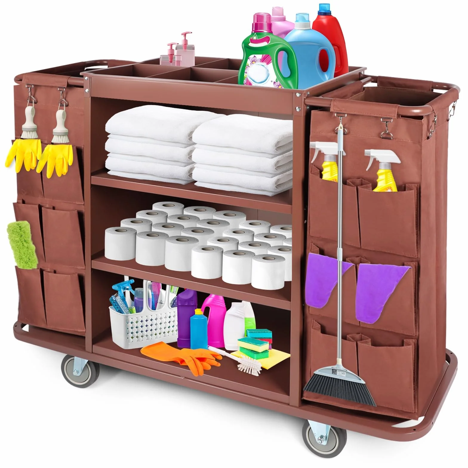 Carrello multifunzionale per hotel, carrello per pulizie e pulizie commerciali con borsa di grande capacità e ruote