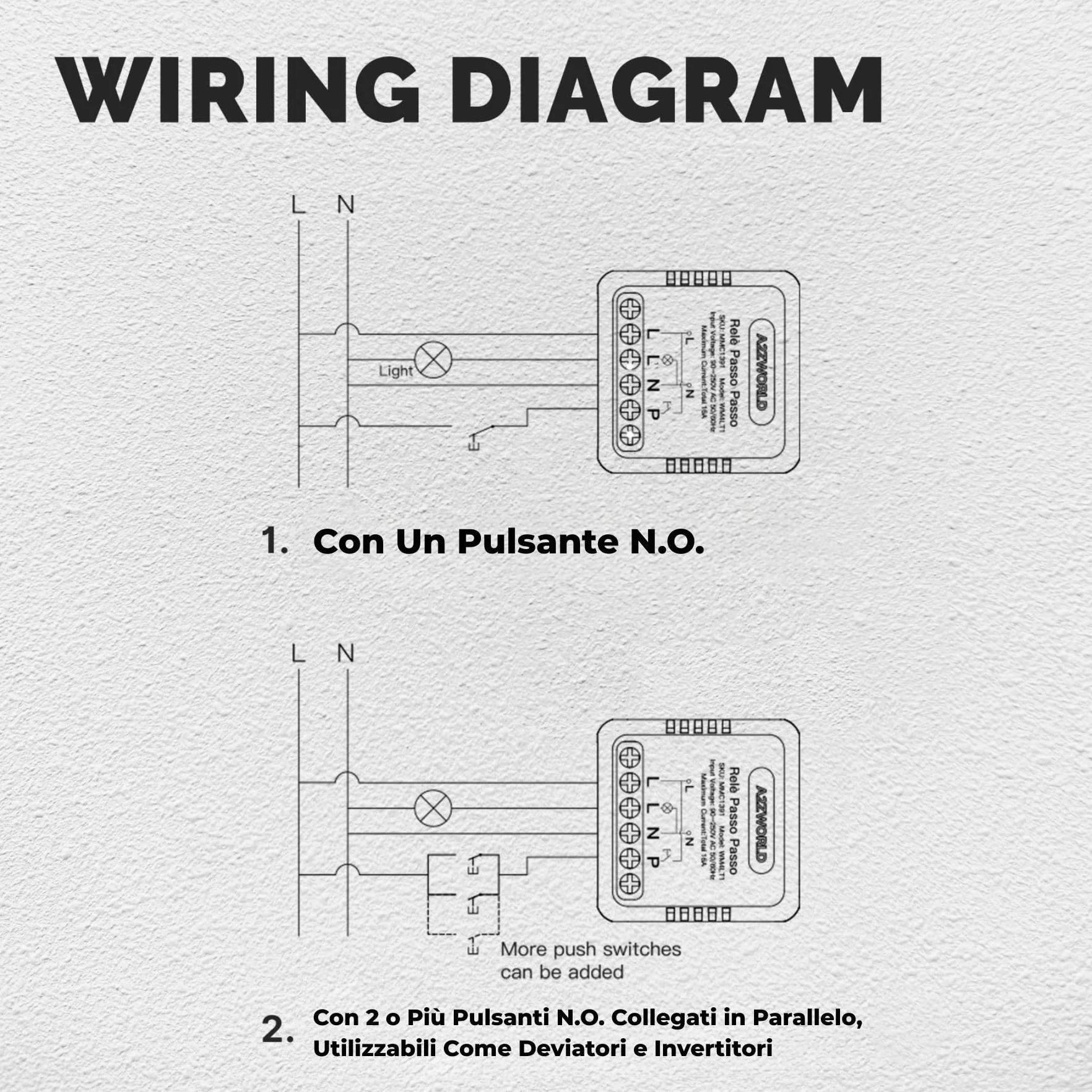 Relè Passo Passo Elettronico Silenzioso 230V 16A, Step Impulse Relay per Illuminazione, Scatolato Compatto 40x40x18mm, IP20, 1 Contatto NO, Comandabile da più Pulsante