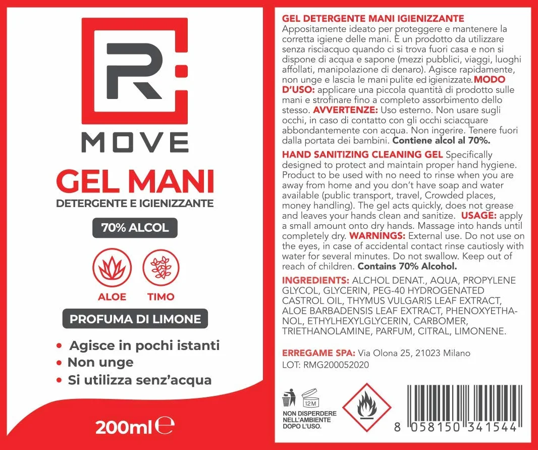 RMOVE 4 flaconi 200ml gel igienizzante mani 70% ALCOL profumato al limone con Aloe e Timo