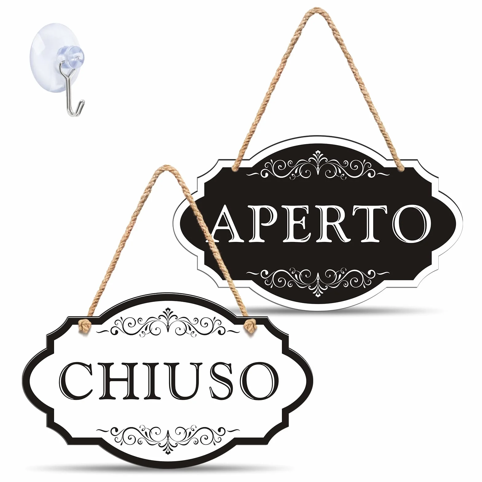 Cartello Aperto Chiuso per Negozio, In Acrilico Spesso 2mm, con Corda di Juta e Ventosa con Gancio - Completamente Attrezzato, Pronto all‘Uso (25x15 cm)
