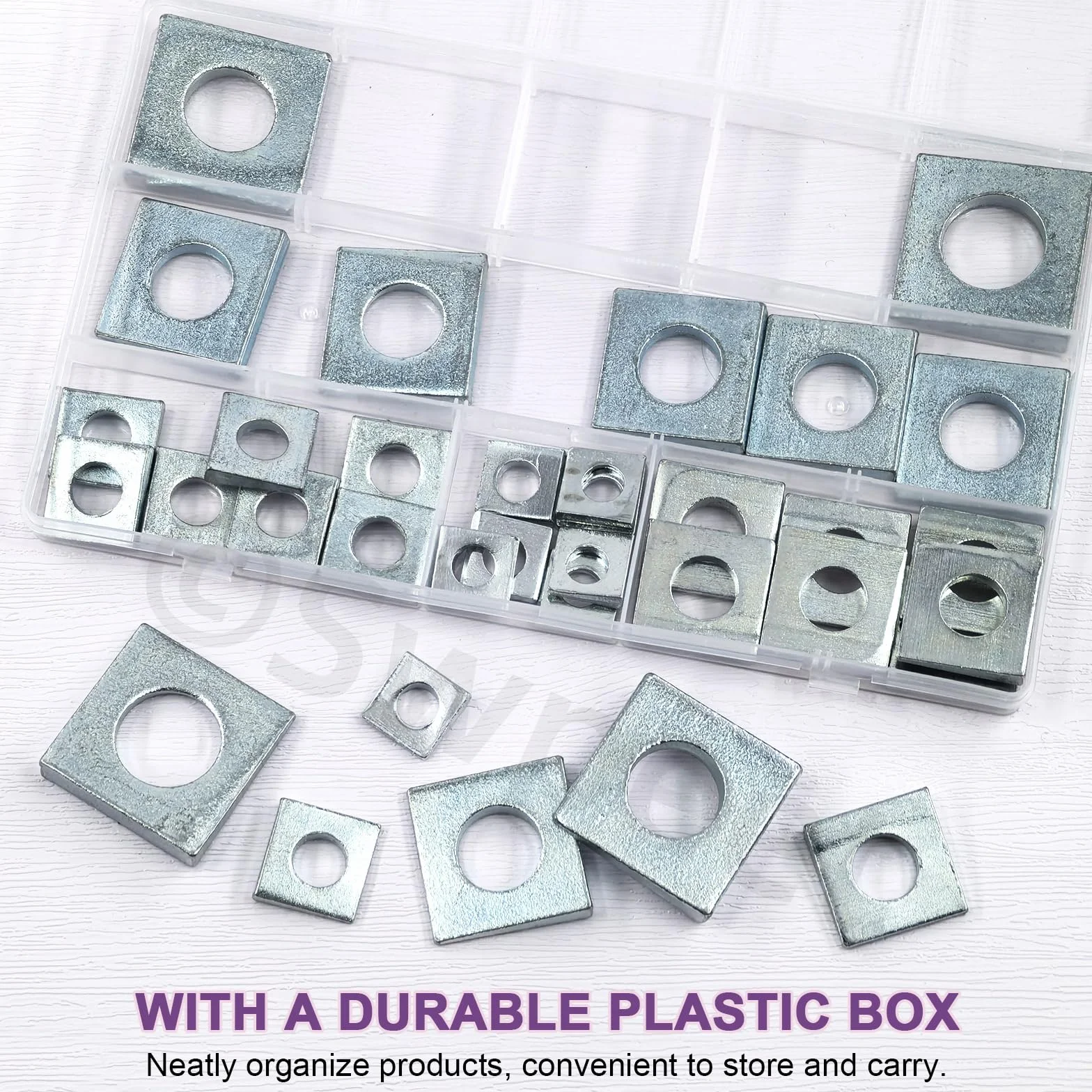 Swpeet 34Pcs 6 dimensioni M8 / M10 / M12 / M16 / M18 / M20 argento zincato fascicolato set assortimento di rondelle quadrate, rondelle a forma di cuneo in acciaio al carbonio semplice per Shim