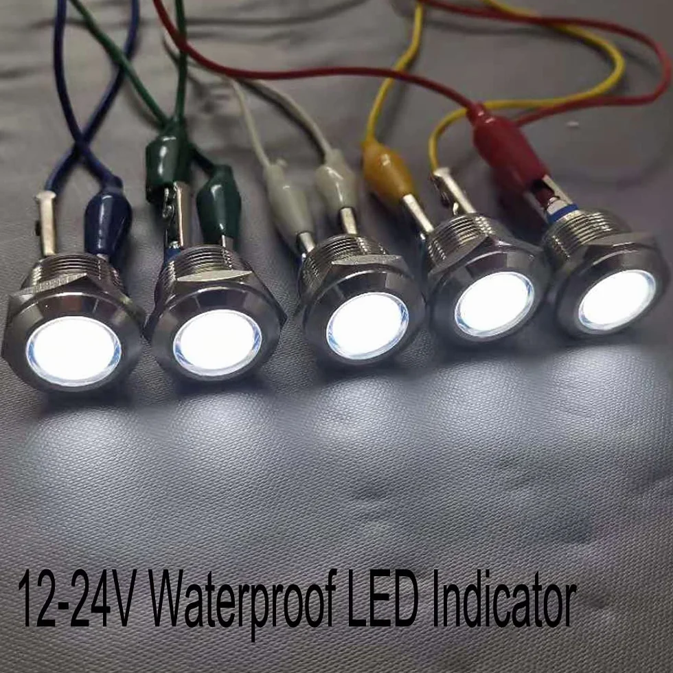 GUUZI 5pcs 12V-24V 19mm LED Indicatore Luminoso in Metallo Lampada di Segnalazione Impermeabile con Cavo(Bianco)