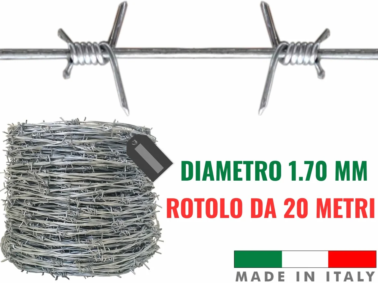 Filo Spinato Zincato da 20 metri Diametro 1,7mm + Guanti OMAGGIO. Rotolo Matassa per Recinzione, Barriera Protezione Antiarrampicata, Forte Flessibile per Balcone, Giardino, Orto
