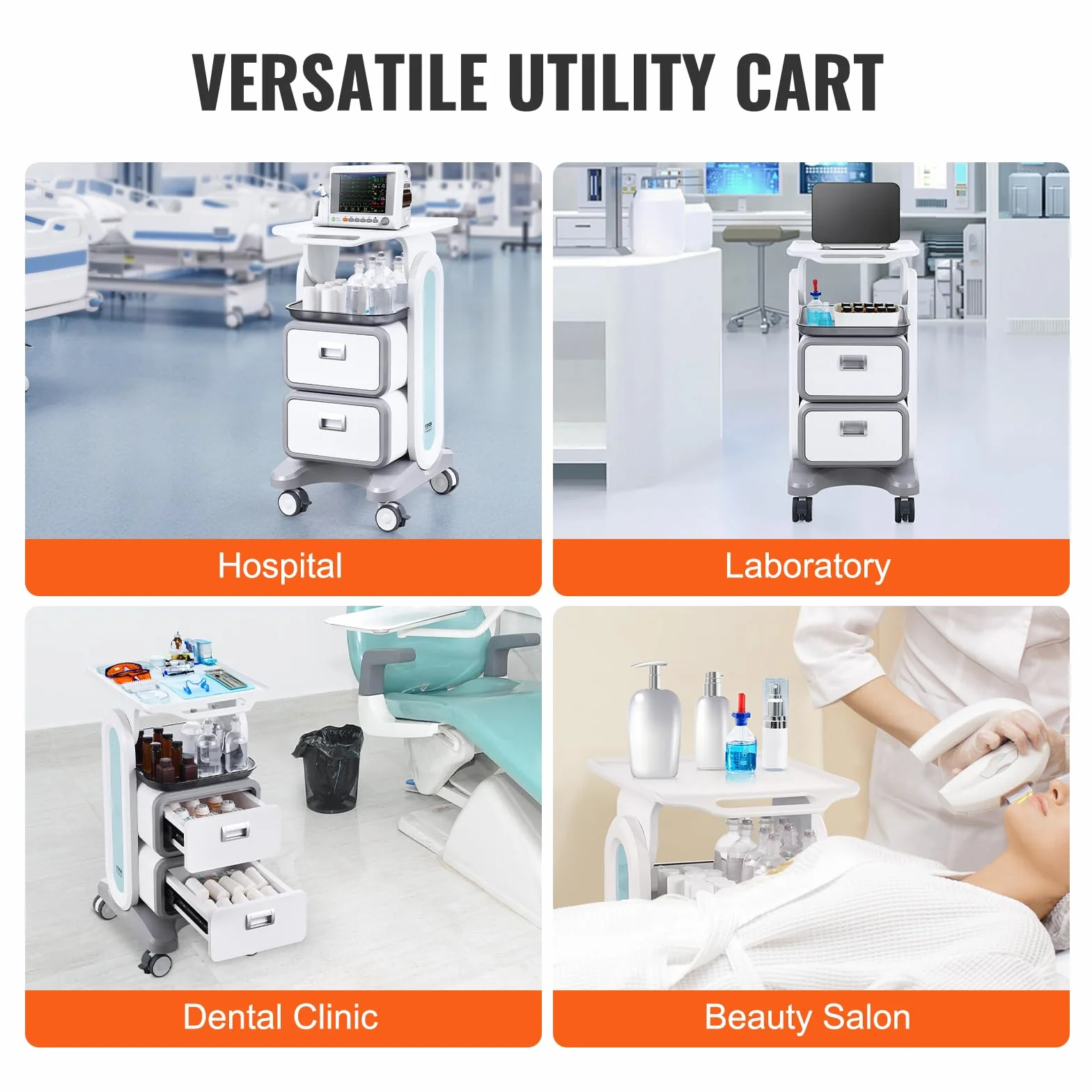 VEVOR Carrello da Laboratorio 3 Ripiani, Carrello Portaoggetti Medico Mobile con 2 Cassetti 1 Vassoio, ABS, 4 Ruote
