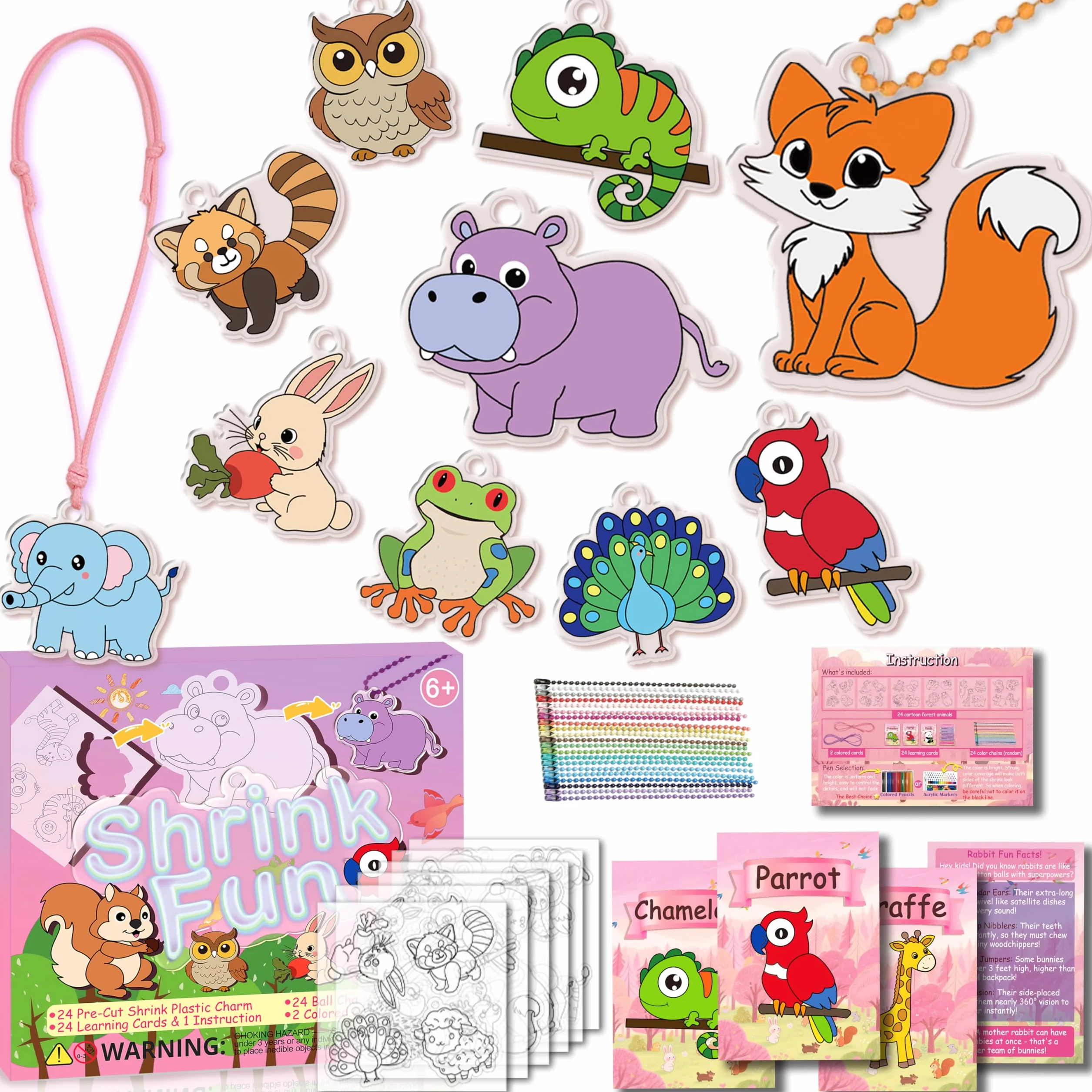 Set creativo da 75 pezzi con pellicola termoretraibile, che include 24 etichette pretagliate con animali del bosco, 24 schede didattiche e altro ancora.Pellicola termoretraibile con motivi,decorazioni