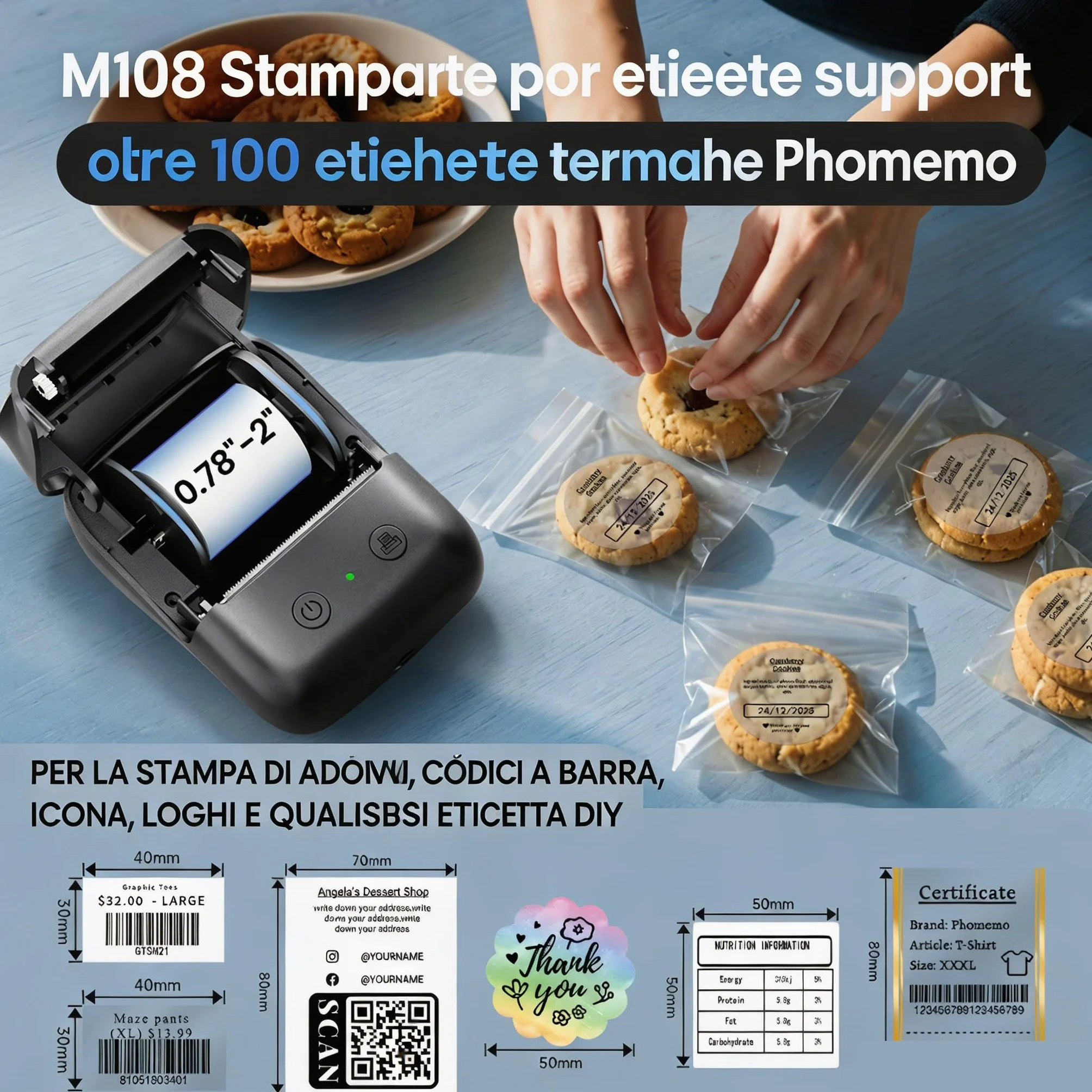 Phomemo M108 Etichettatrice Bluetooth, Portatile Stampante Etichette Adesive Termica Etichettatrice Etichette Adesive per Codici a barre,Cucina,negozi, Compatibile con iOS Android e PC, Nero