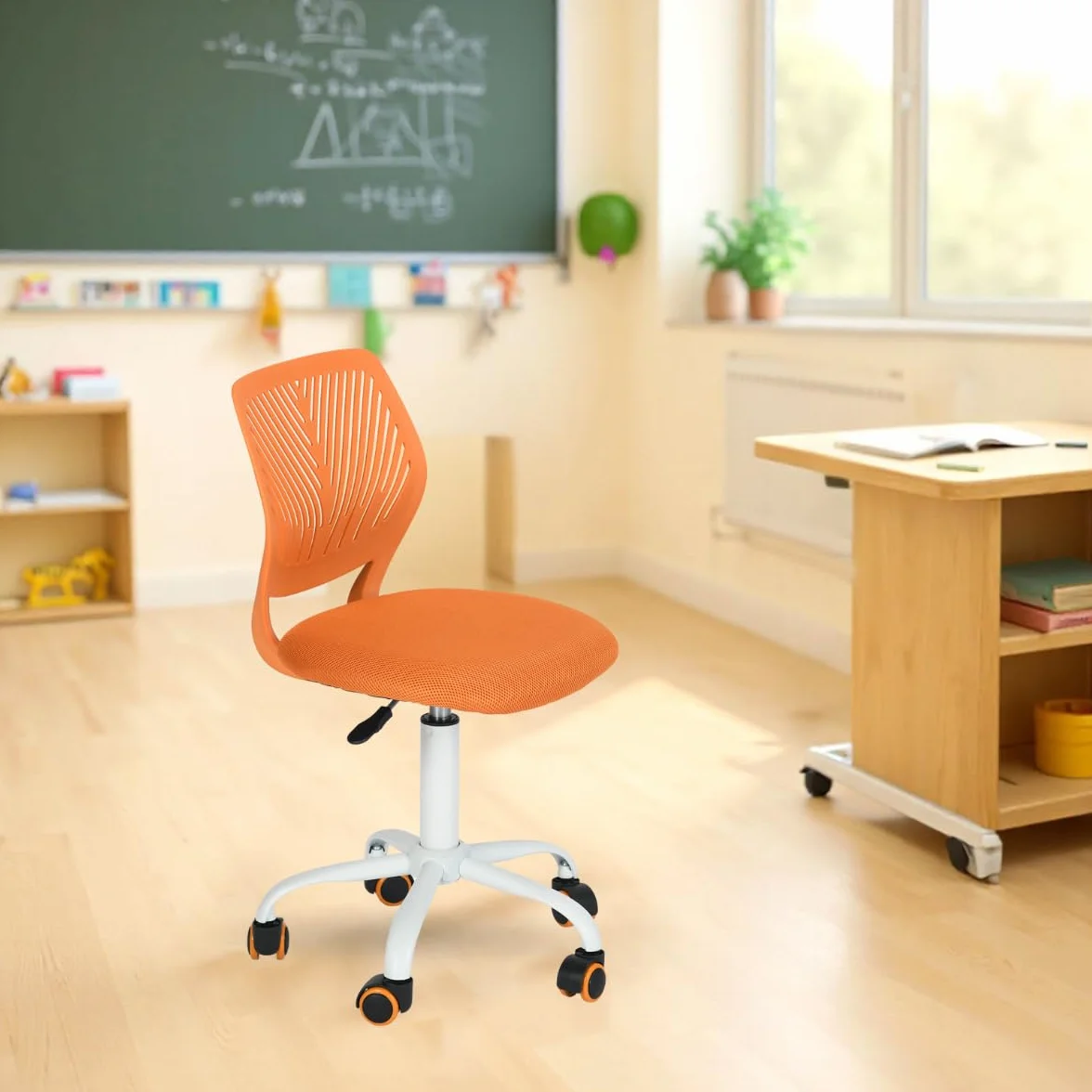 FurnitureR Sedia ergonomica compatta per scuola, schienale in rete traspirante, altezza regolabile, arancione