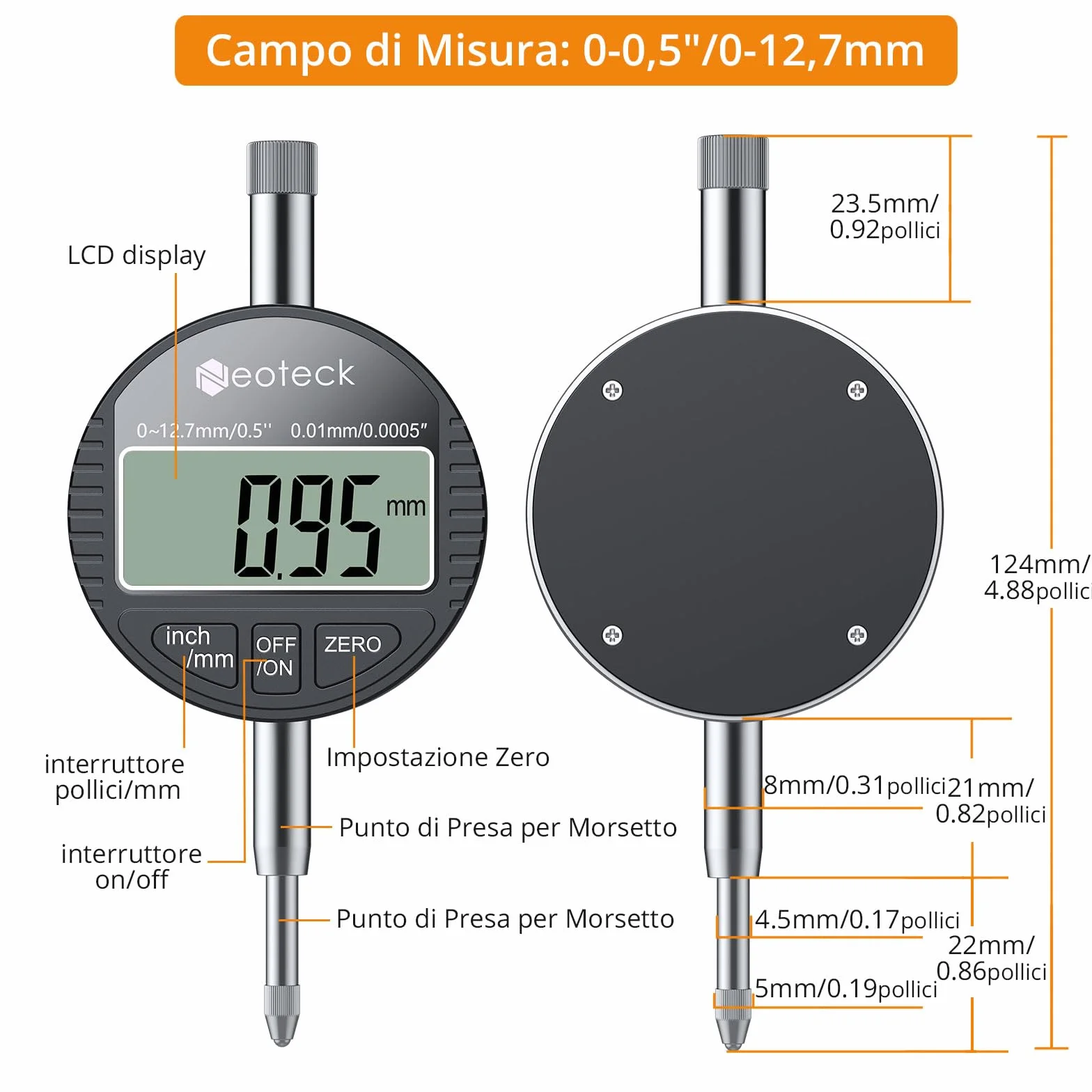 Neoteck Comparatore Centesimale Digitale 0.01mm Precisione con LCD Display Calibro Indicatore di Quadrante Professionale 0-12.7mm/0.5" Commutazione mm/inch per Meccanici Officina Laboratorio