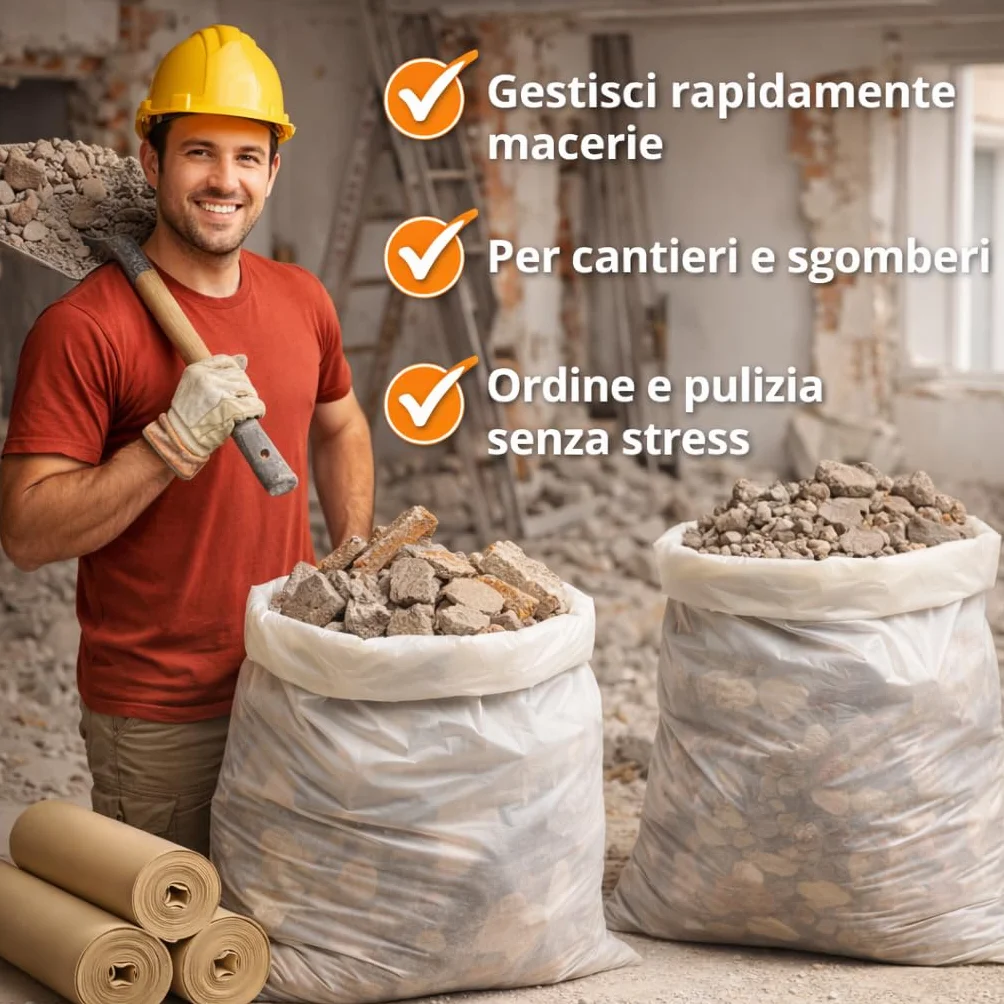 Sacchi per Macerie 90x120 AMBRA, Resistenti in Plastica - Sacchetti per Calcinacci, Detriti, Rifiuti Edili Robusti