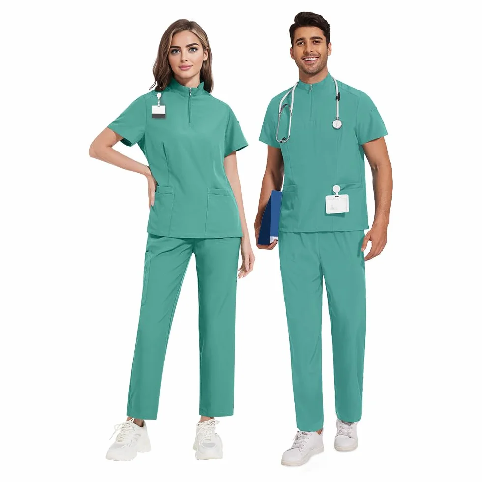 Unisex Scrub Medico Set DK50 Poliestere Cerniera Collo Top Pantaloni Elasticizzati 4 Tasche Traspirante