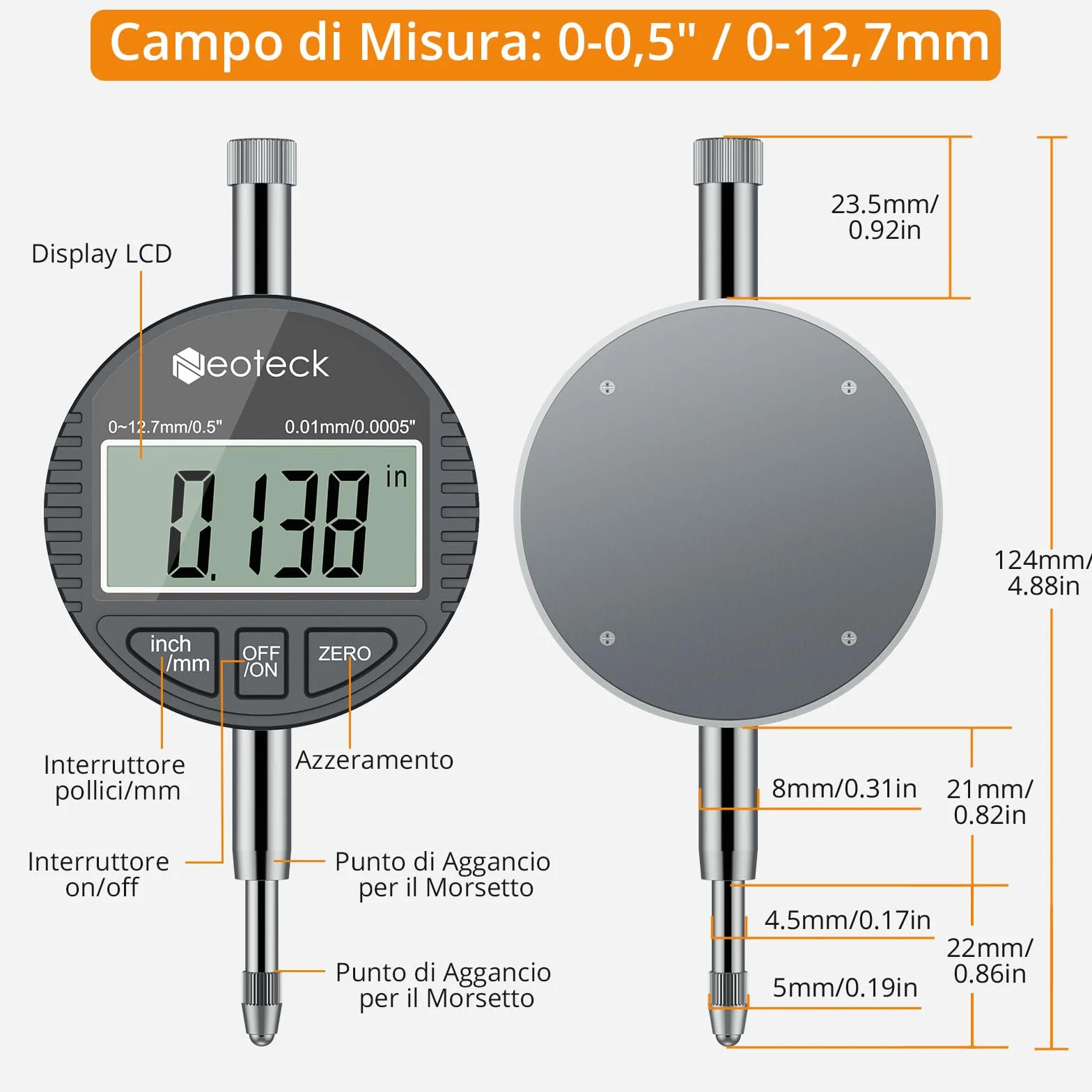 Neoteck Alesametro Digitale per Alesaggi 18-160mm/2-6" con 23 Testine, Comparatore Elettronico per Diametro Interno Set, Comparatore 0-12.7mm Precisione 0.01mm/0.0005" per Cilindri Motori e Officina