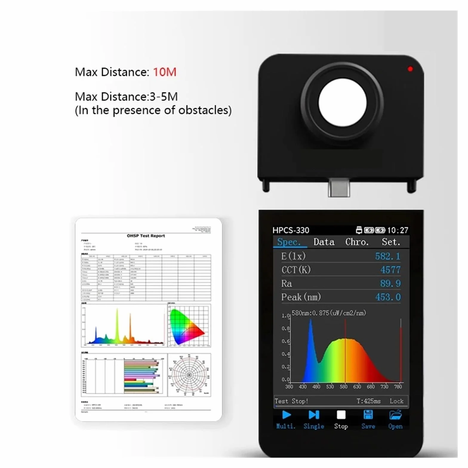 Spettrometro portatile portatile HPCS-330 a lunghezza d'onda 380-780nm, misuratore di luce CCT CRI ad alta precisione, analizzatore di spettro LED Ampia gamma di misurazione(HPCS300)