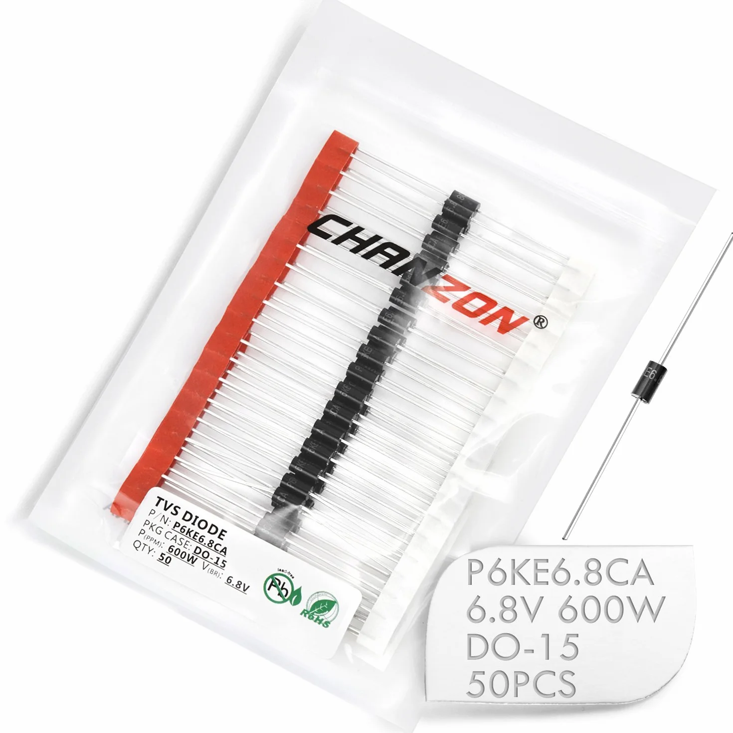 Chanzon P6KE6.8CA Diodi TVS 600W 6.8V DO-15 DO-204AC Bidirezionale Assiale