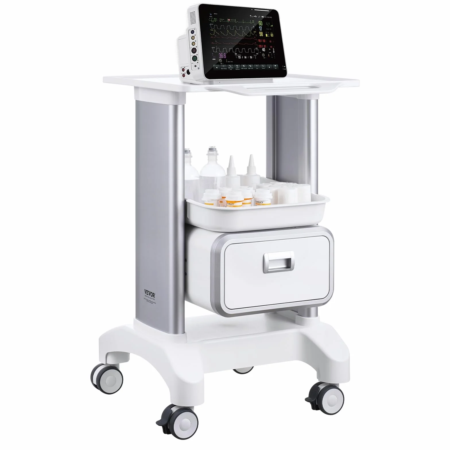 VEVOR Carrello da Laboratorio 2 Ripiani 1 Cassetto 1 Vassoio Superiore 4 Ruote ABS Bianco