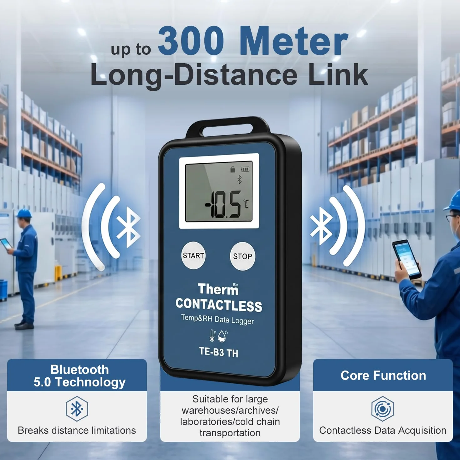 ThermElc TE-B3 Bluetooth registratore temperatura umidità, monitor wireless 300 m, 32000 punti, PDF CSV per mappatura laboratorio