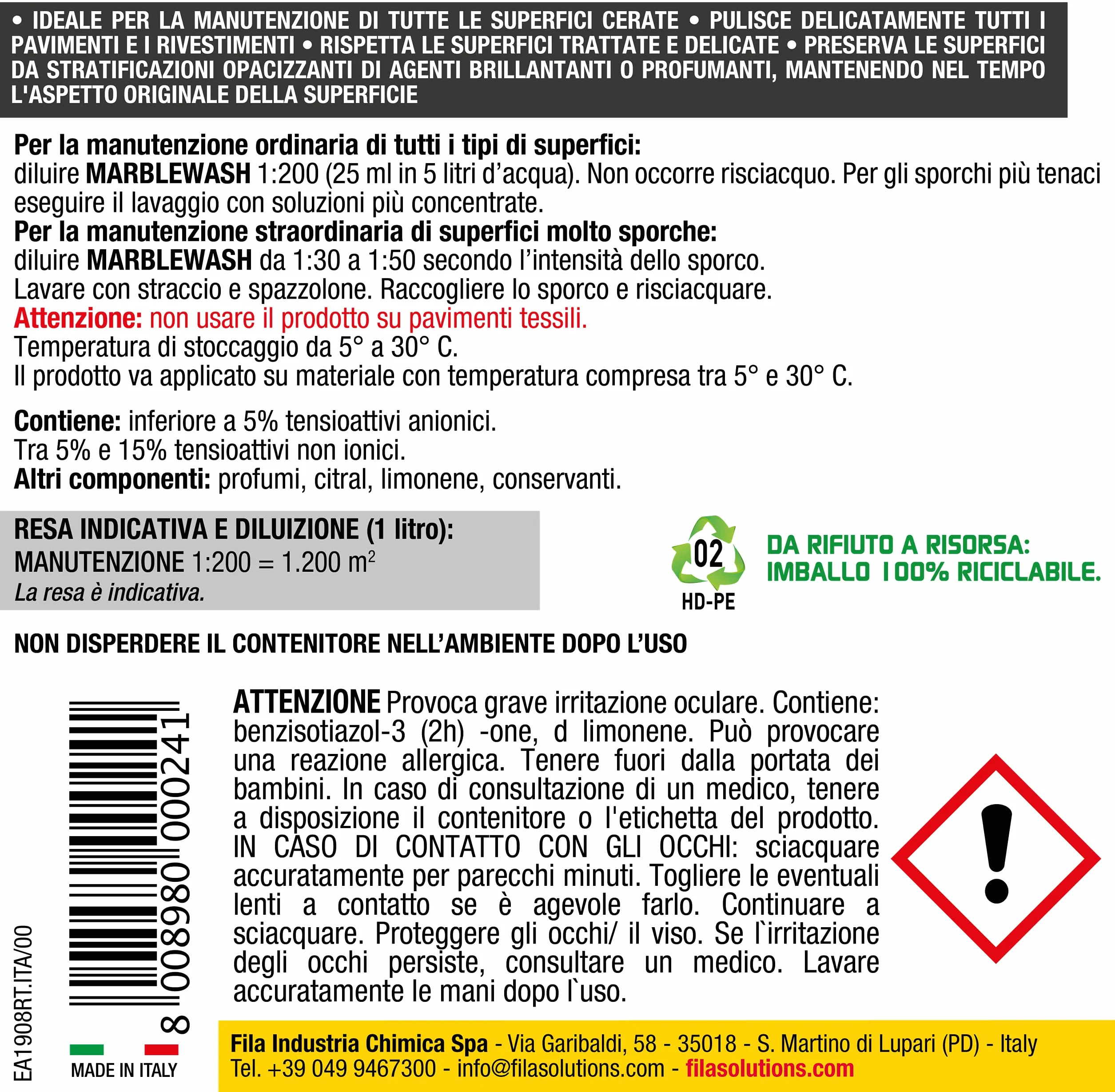 FILA MARBLEWASH Detergente per Marmo e Pietra senza Risciacquo 1L