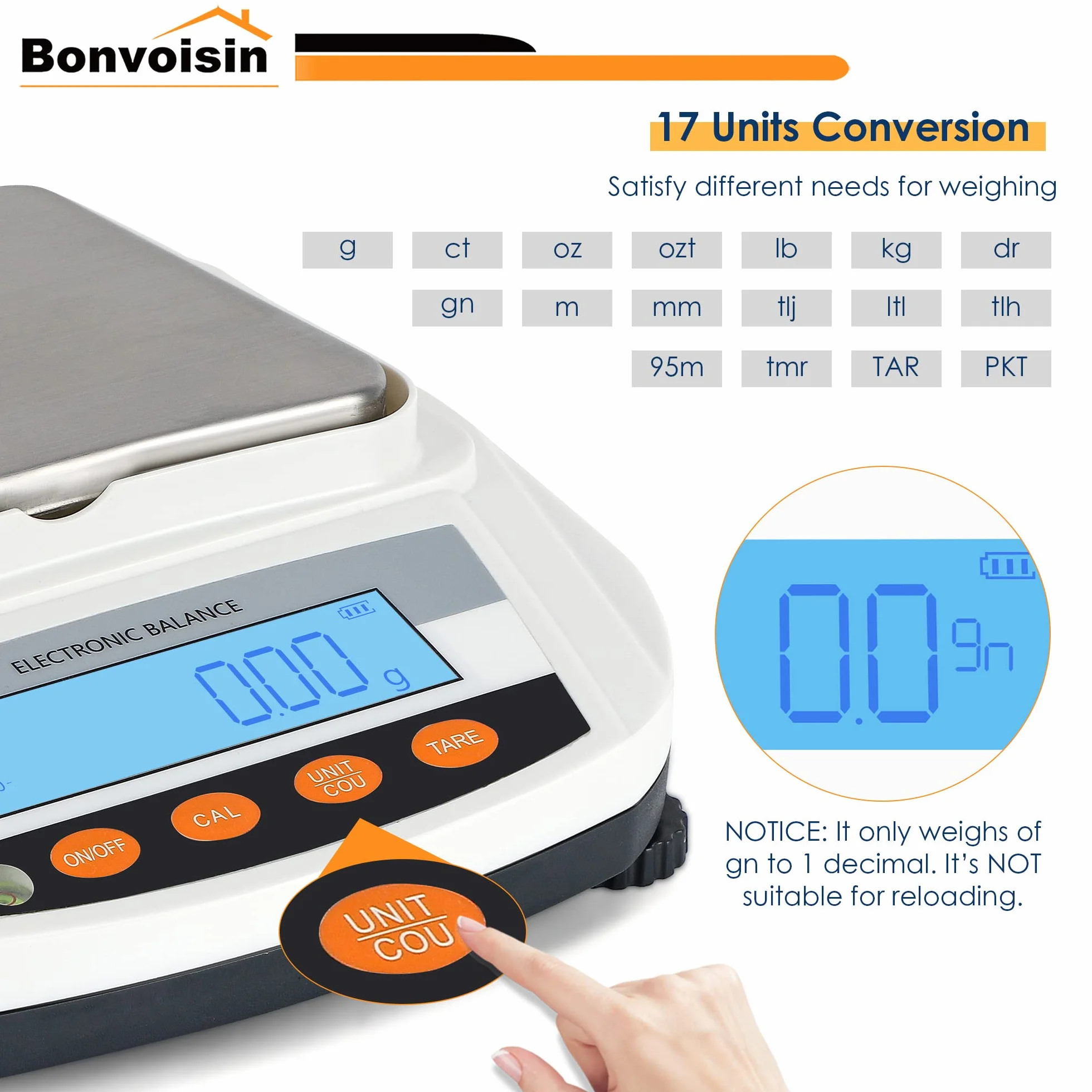Bonvoisin Bilancia Analitica Laboratorio 3000g x 0.01g 17 Unità Conteggio Auto-Taratura