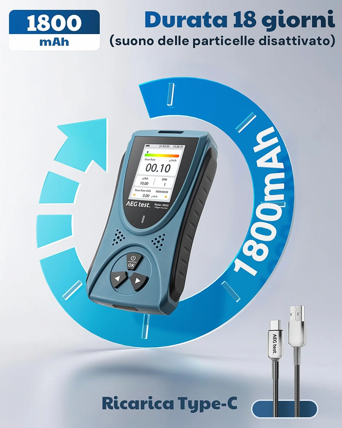 AEGTEST Contatore Geiger Radar-5633 Rilevatore Radiazioni Nucleari Schermo LCD Dosimetro Ricaricabile Beta Gamma X CPM μSv/h