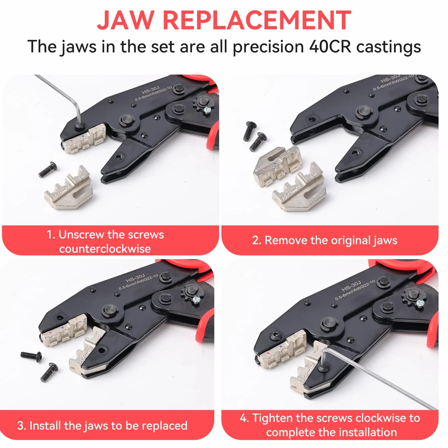 Pinza Crimpatrice Professionale Set con 7 Ganasce Intercambiabili per 0.5-35mm² Kit Crimpaggio per Connettori Solari MC4 Terminali Isolati e Non Isolati, Puntali e Termoretraibili Noir