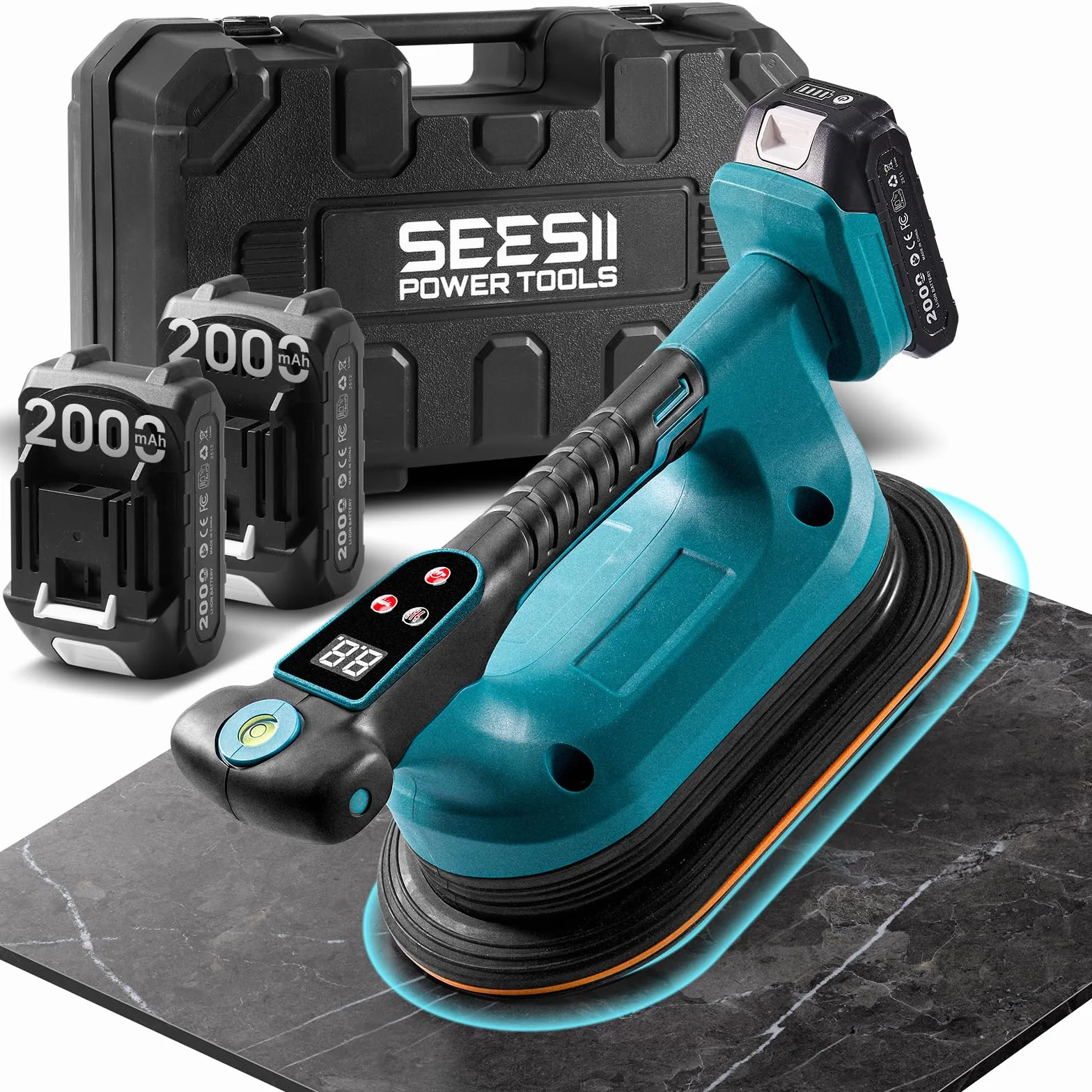 SEESII Vibratore per Piastrelle 285 mm, 2-in-1 Ventosa Vibrante per Piastrelle & Strumento di Vibrazione, 12 Velocità, Batteria 10 Ore, Livella – Vibratore Piastrelle per Formati Grandi (K919B)