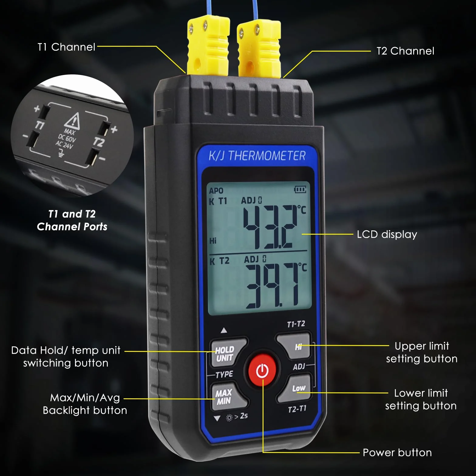 Termometro digitale a doppio canale tipo K/J con 4 termocoppie, campo -328~2501℉, strumento di misurazione temperatura HVAC con allarme