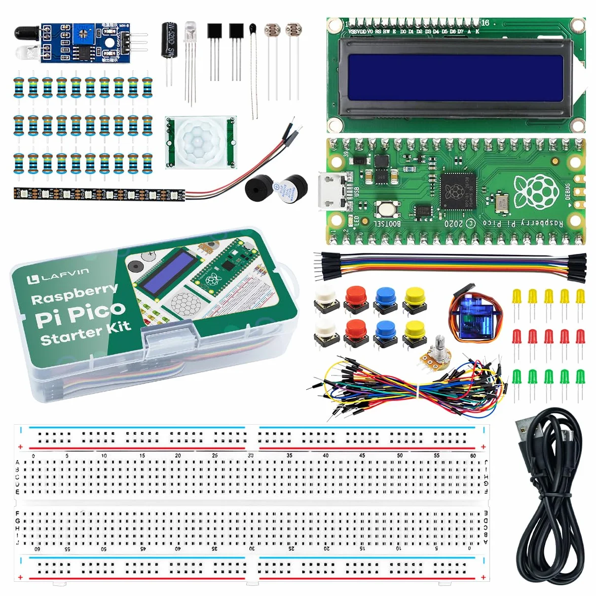 LAFVIN Kit di Avviamento Base per Raspberry Pi Pico, con Breadboard, 1602, Supporto per Python, C, Java con Tutorial