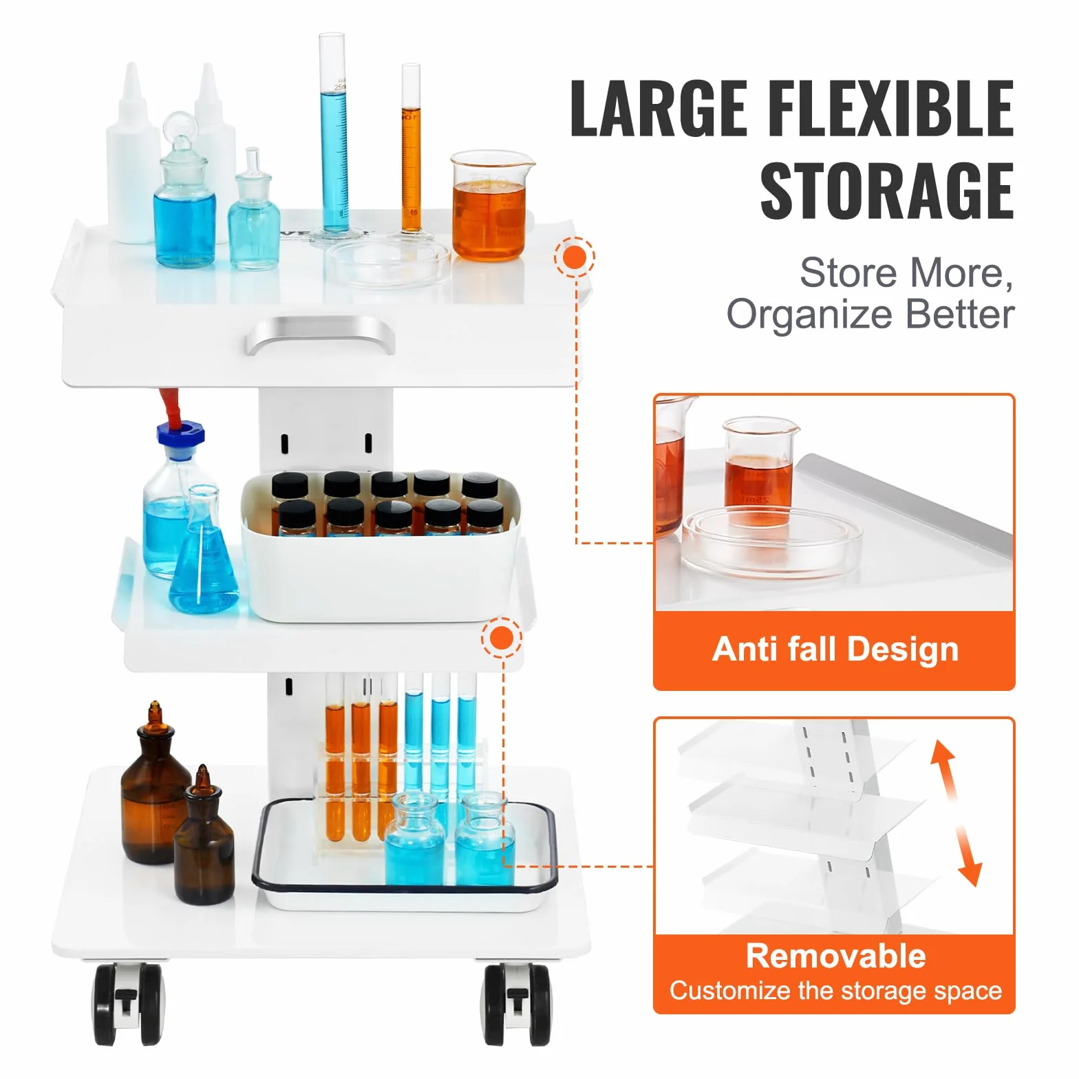 VEVOR Carrello da laboratorio, Carrello mobile in metallo con ruote girevoli, Carrello da clinica con vassoio con capacità di peso di 220 libbre, per laboratorio, clinica, bellezza e salone