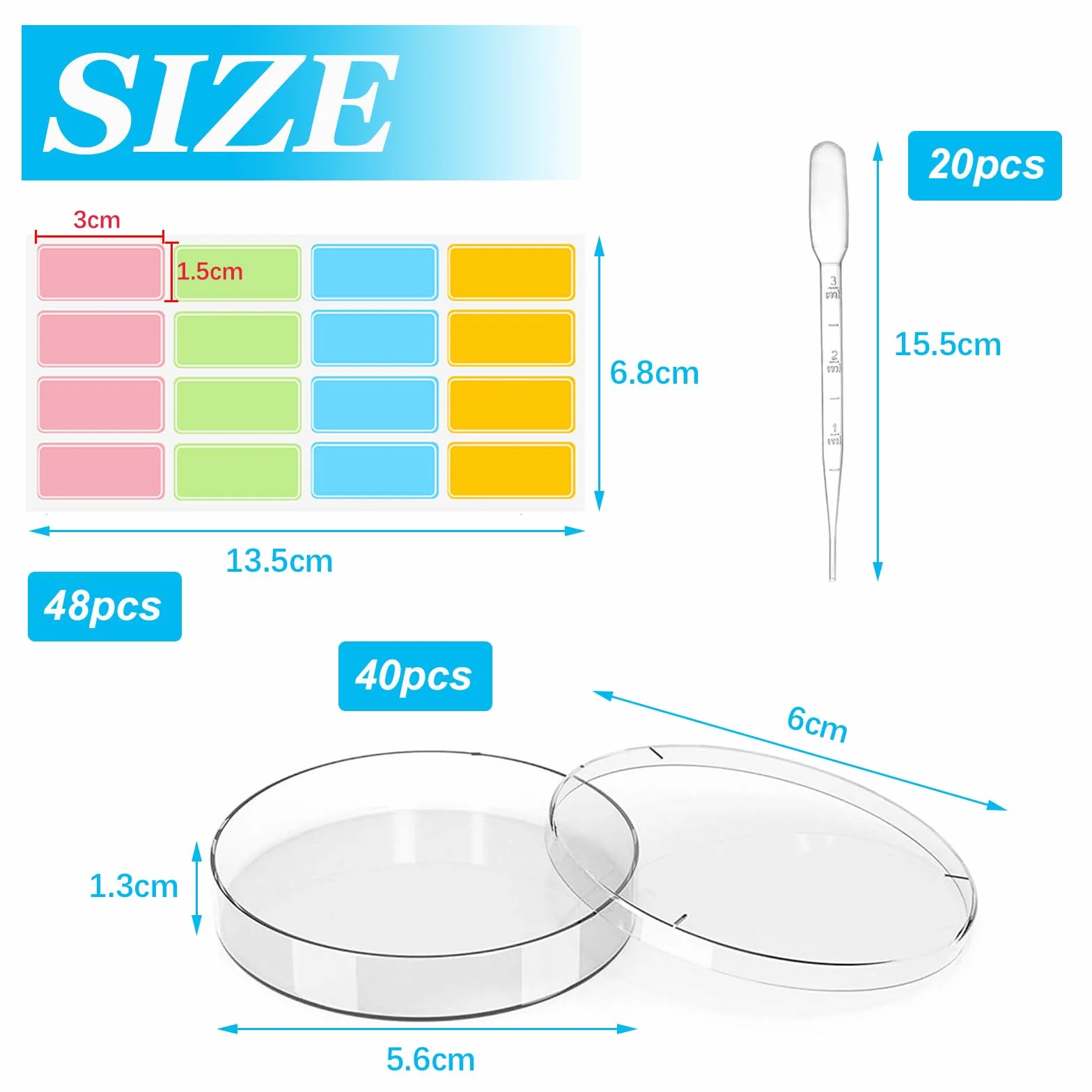 40 Pezzi Piastre Petri da 60 mm, Set di Piastre di Petri in Plastica Sterile con Coperchio, con 20 Pipette, per Coltivare Batteri, Corsi di Esperimento per Studenti e Ricerca Biologica