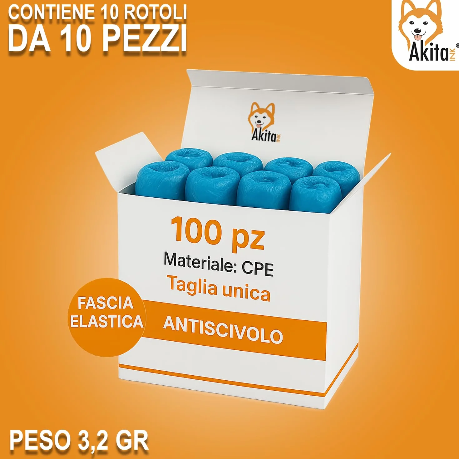 Copriscarpe Monouso in CPE AKITAInk – Blu, Suola Goffrata, Taglia Unica Fino al 48, Impermeabili, DPI per Pulizia