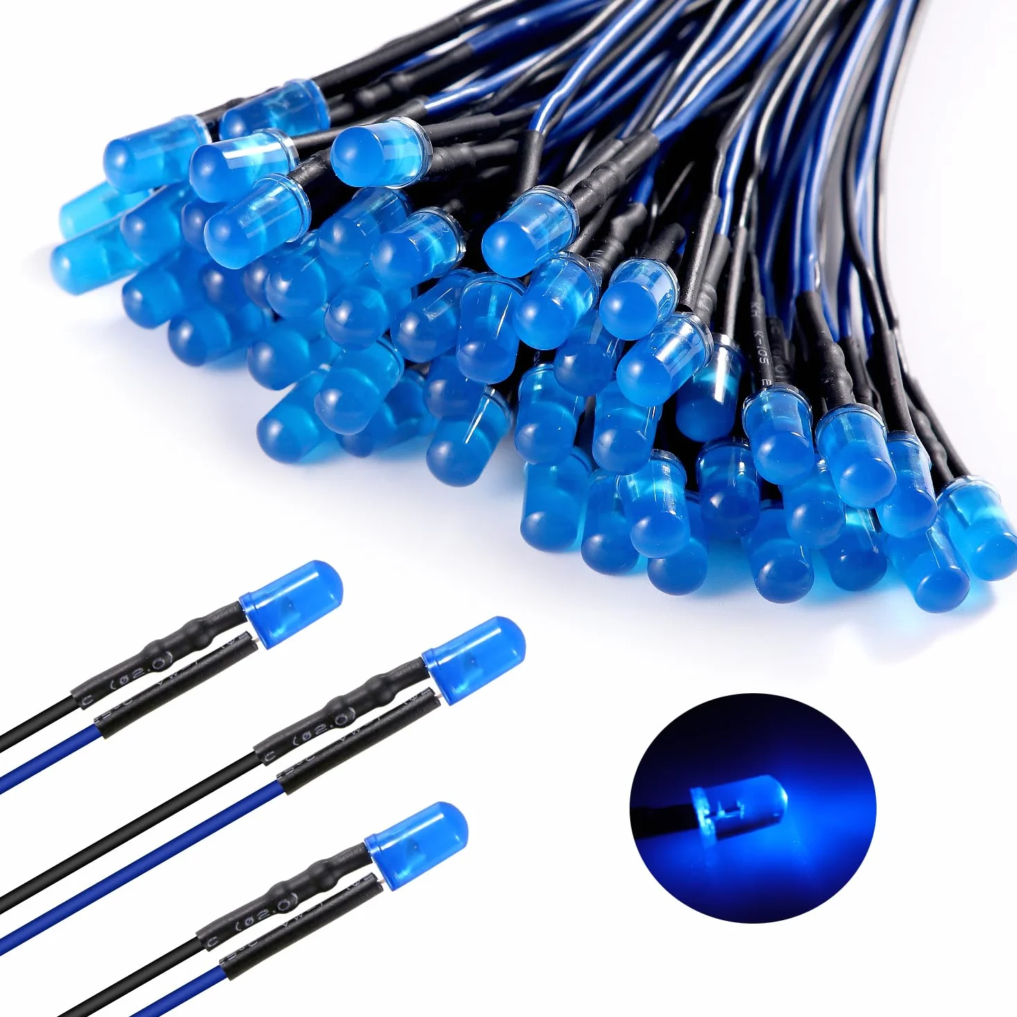 50 Pezzi 5mm 12V LED Diodo ad Emissione Luminosa Blu Precablata 20cm Diffuse + Supporto Plastica