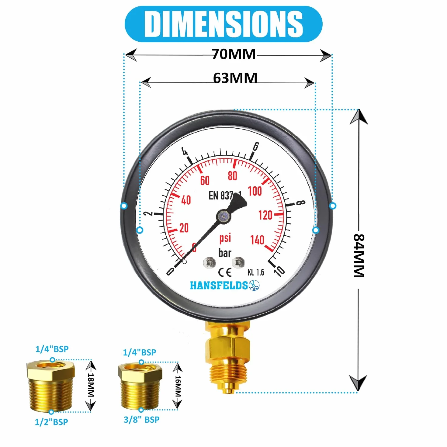 Manometro Hansfeld, a secco, 0–10 bar, 63 mm BSP, attacco inferiore, finestra in vetro, interno e attacco in ottone, doppia scala bar/psi.