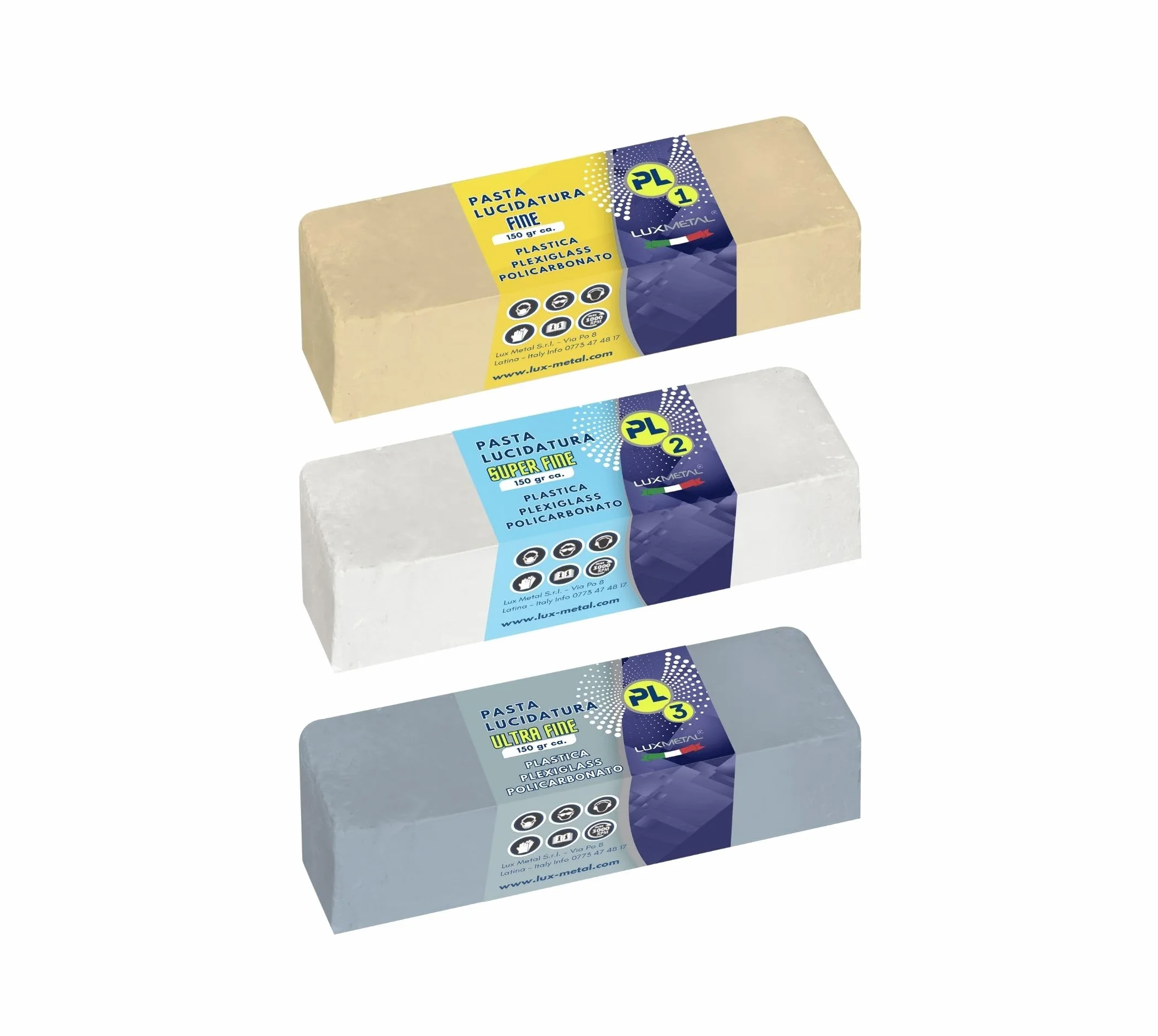 Lux Metal - Kit 3 Pasta Abrasiva Lucidante per Plastica 150 gr PL1-PL2-PL3 (Fine-S.Fine-Ultra Fine) Lucidare Plexiglass Trasparente Lucidatura Plastica Policarbonato Rimuovi Graffi Rinnova Fari Auto