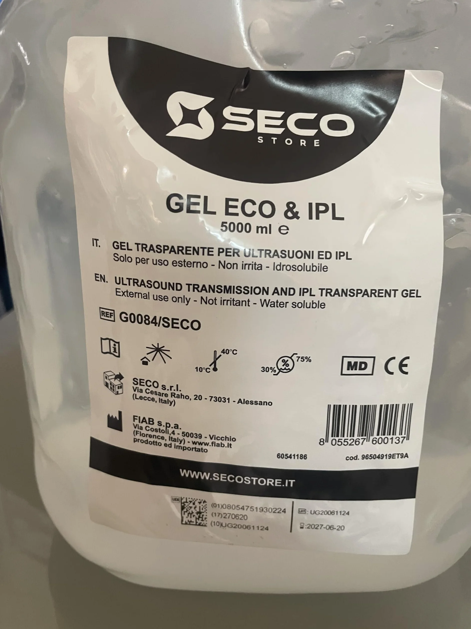 SECOSTORE Gel Conduttore Trasparente, Ultrasuoni Ecografia ECG Luce Pulsata, Ipoallergenico | Confezione 5 litri + Dosatore 250 ml