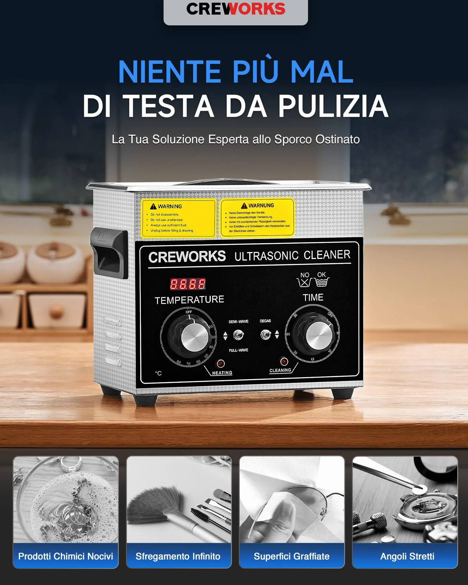 Pulitore Ultrasuoni 3L 120W Acciaio Inossidabile con Riscaldatore Timer Degas
