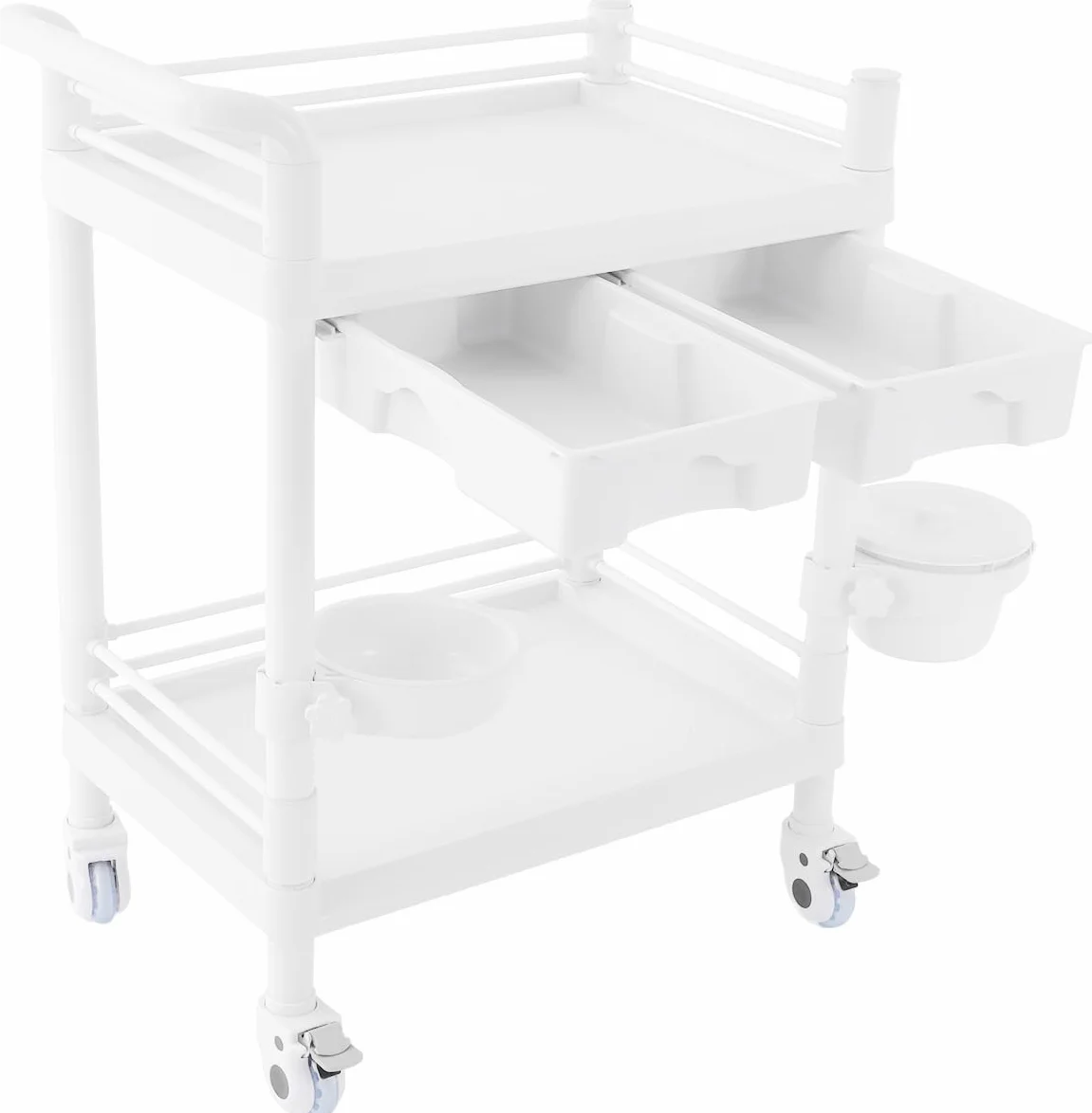 OUKANING Carrello medico con 2 cassetti e ruote dei freni, carrello da laboratorio arrotolabile in ABS, portata 90 kg, 64,5 x 44,5 x 90 cm, bianco multifunzionale per ospedale, studio cosmetico e