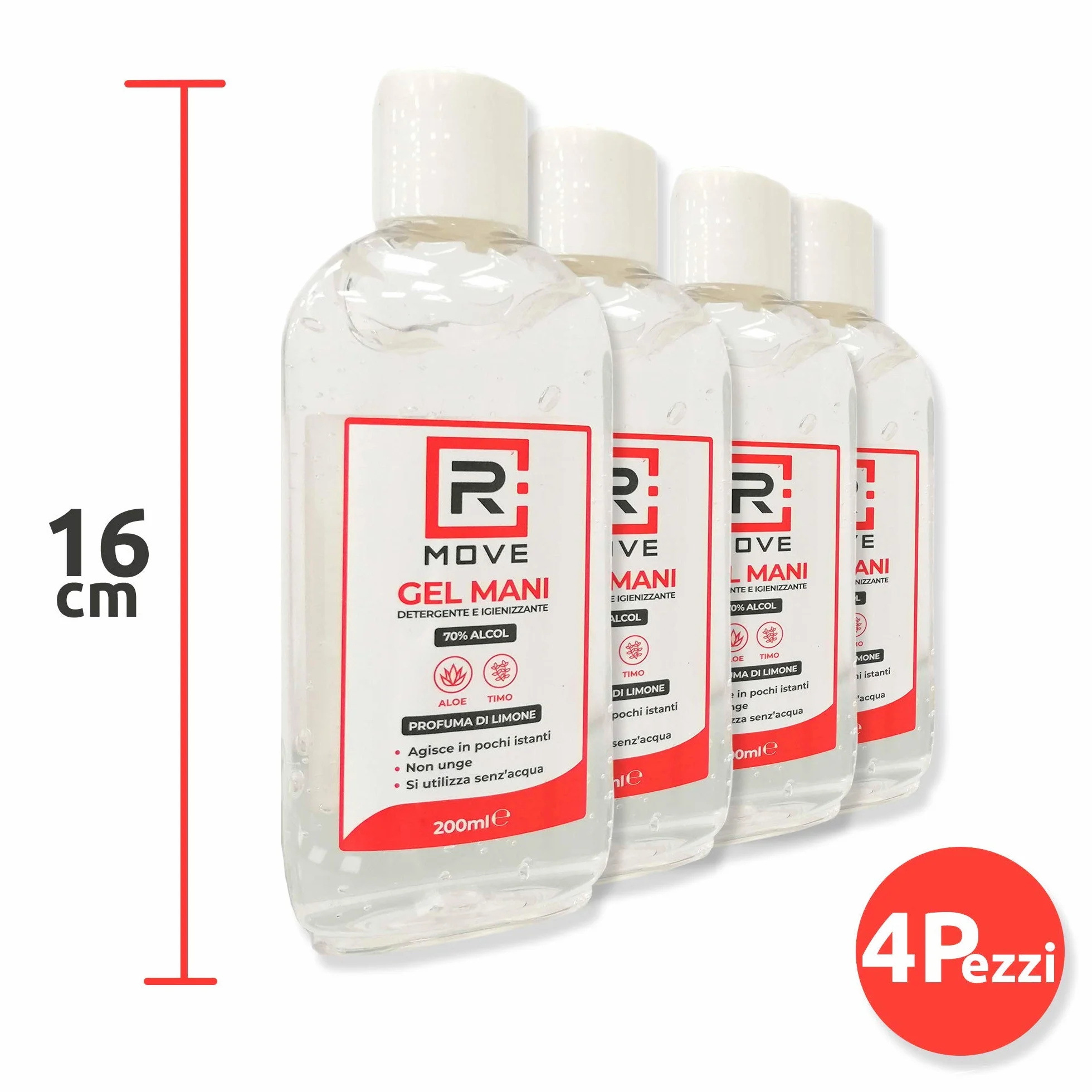 RMOVE 4 flaconi 200ml gel igienizzante mani 70% ALCOL profumato al limone con Aloe e Timo