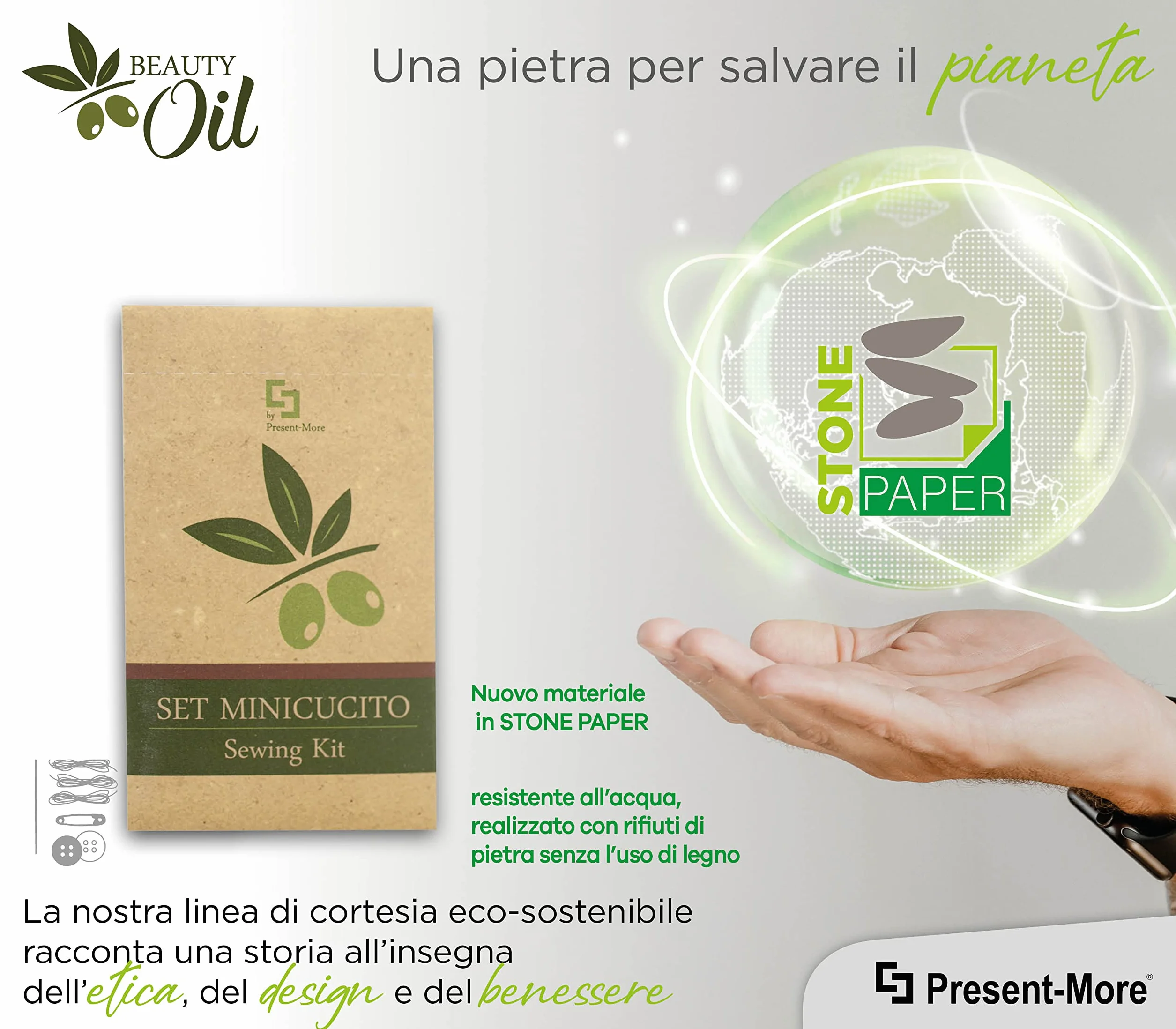 Kit Cucito 50 Pezzi Linea Beauty Oil - Ago Fili Bottoni Spilla da Balia - Packaging Ecologico Stone Paper