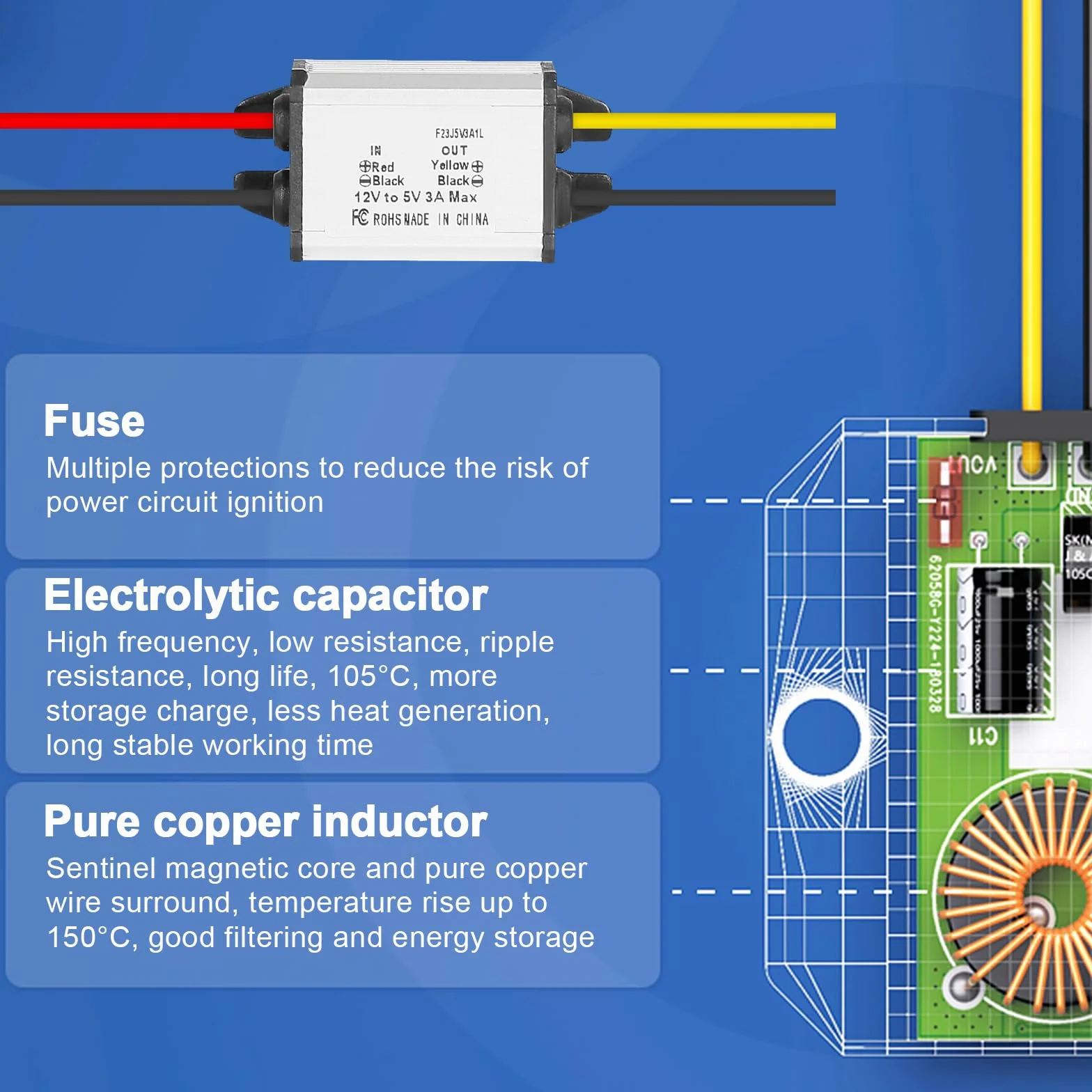 Jadeshay Convertitore di Alimentazione,12V a 5V Convertitore Step Down Regolatore DC DC Buck Convertitore Tensione Impermeabile Convertitore Adattatore Trasformatore per Veicoli e Altri Elettronici