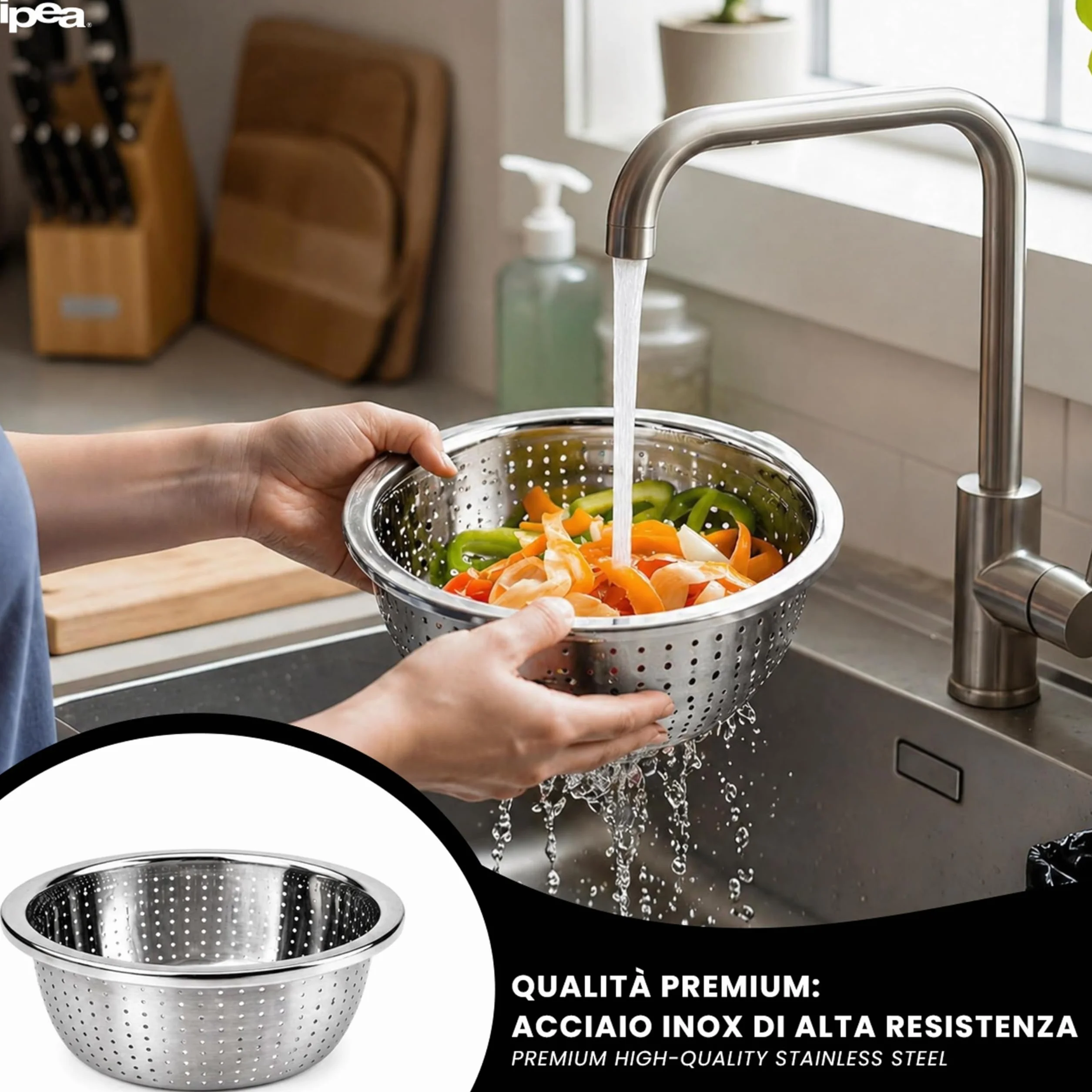 Scolapasta 24 cm Acciaio Inox Professionale - Colapasta per Pasta e Verdura - Lavastoviglie