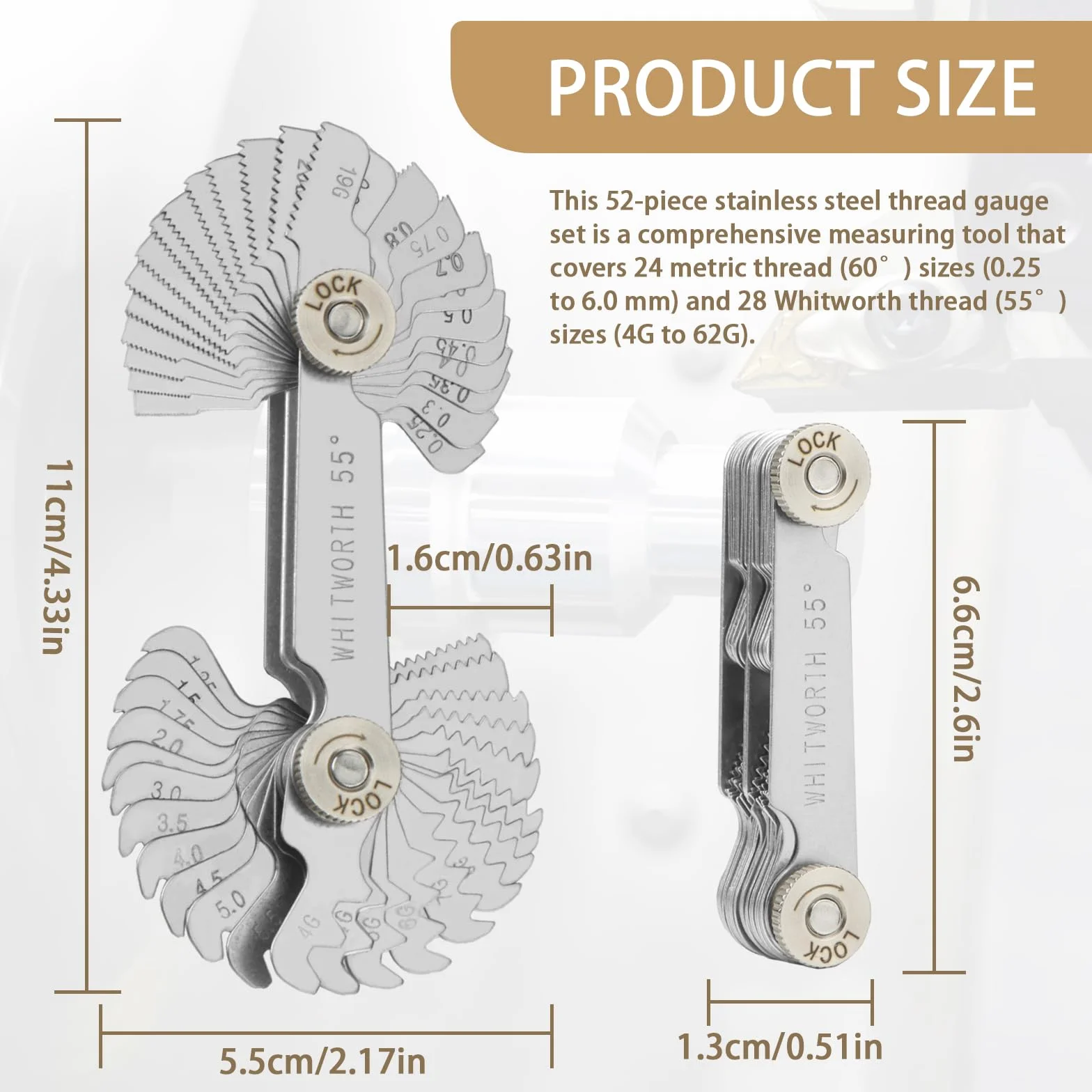 Misuratore di Filettatura 52 Pezzi Calibro a Tappo Filettato Acciaio Inossidabile Metriche 60° Whitworth 55°
