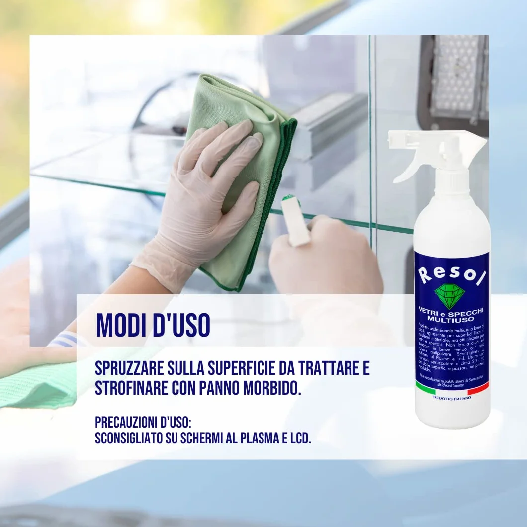 RESOL Spray vetri 750ml Detersivo vetri Igienizzante professionale Detergente vetri azione antipolvere