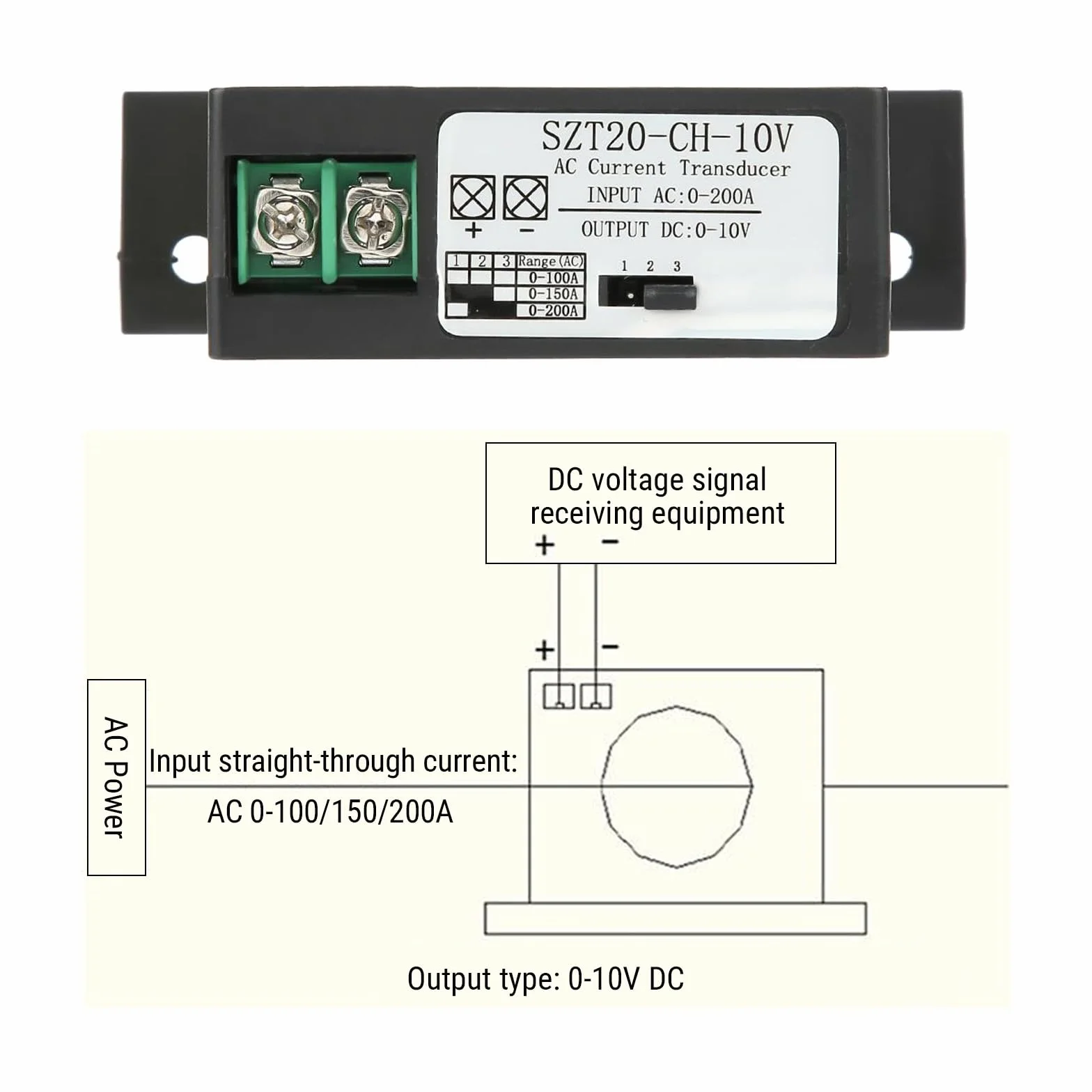 Trasduttore di corrente AC Trasmettitore di corrente AC Trasduttore di protezione da sovraccarico AC 0-200A Uscita DC 0-10V SZT20-C H-10V