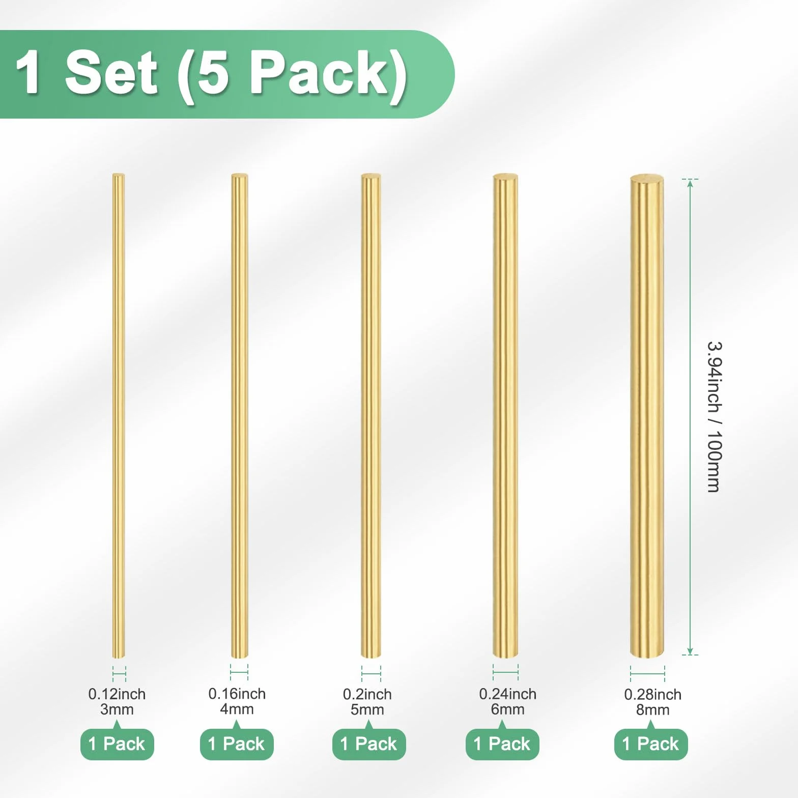 M METERXITY 5-Pack Asta In Ottone, 3,4,5,6,8mm Dia 3.94" H59 Asta Tonda In Ottone Massiccio Per Perno Manico Coltello Materiale Forniture Per Coltelli/Perno Albero, Tornio Rivetto Stock Tubo