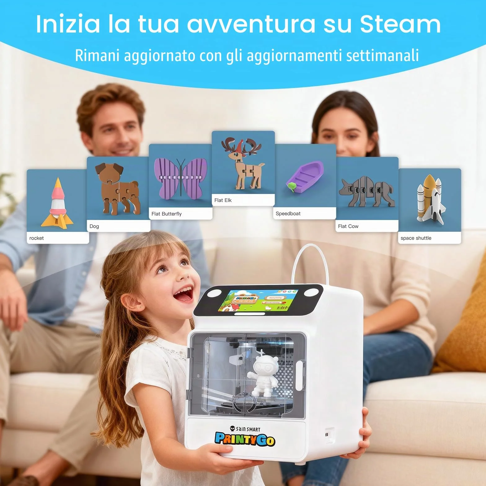 Stampante 3D PrintyGo Mini per bambini, stampante autolivellante da 600 mm/s per principianti con touch screen da 5", design sicuro per bambini, controllo Wi-Fi/app, regalo di apprendimento STEM