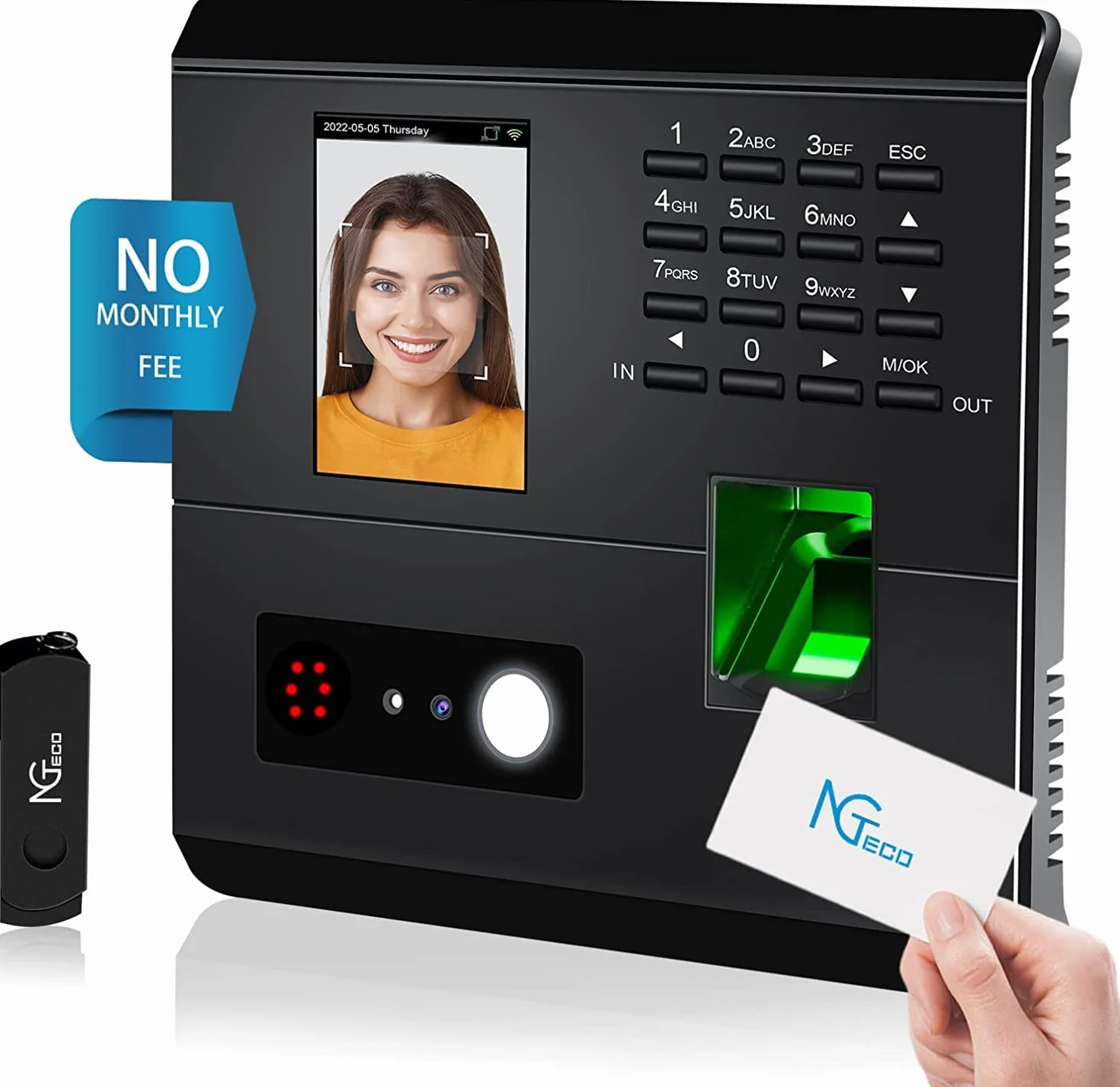 NGTeco WIFI Rilevazione Presenze: Dispositivo con riconoscimento facciale, impronte digitali, badge RFID e PIN, compatibile con iOS e Android, per presenze dipendenti(English)