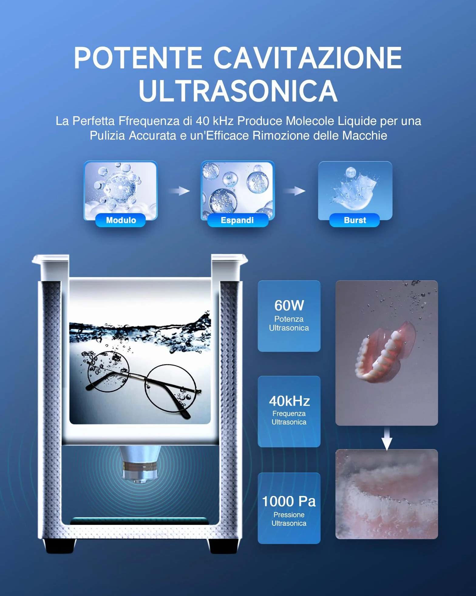 Pulitore Ultrasuoni Industriale 1L 50W Acciaio Inossidabile con Riscaldatore Timer Digitale