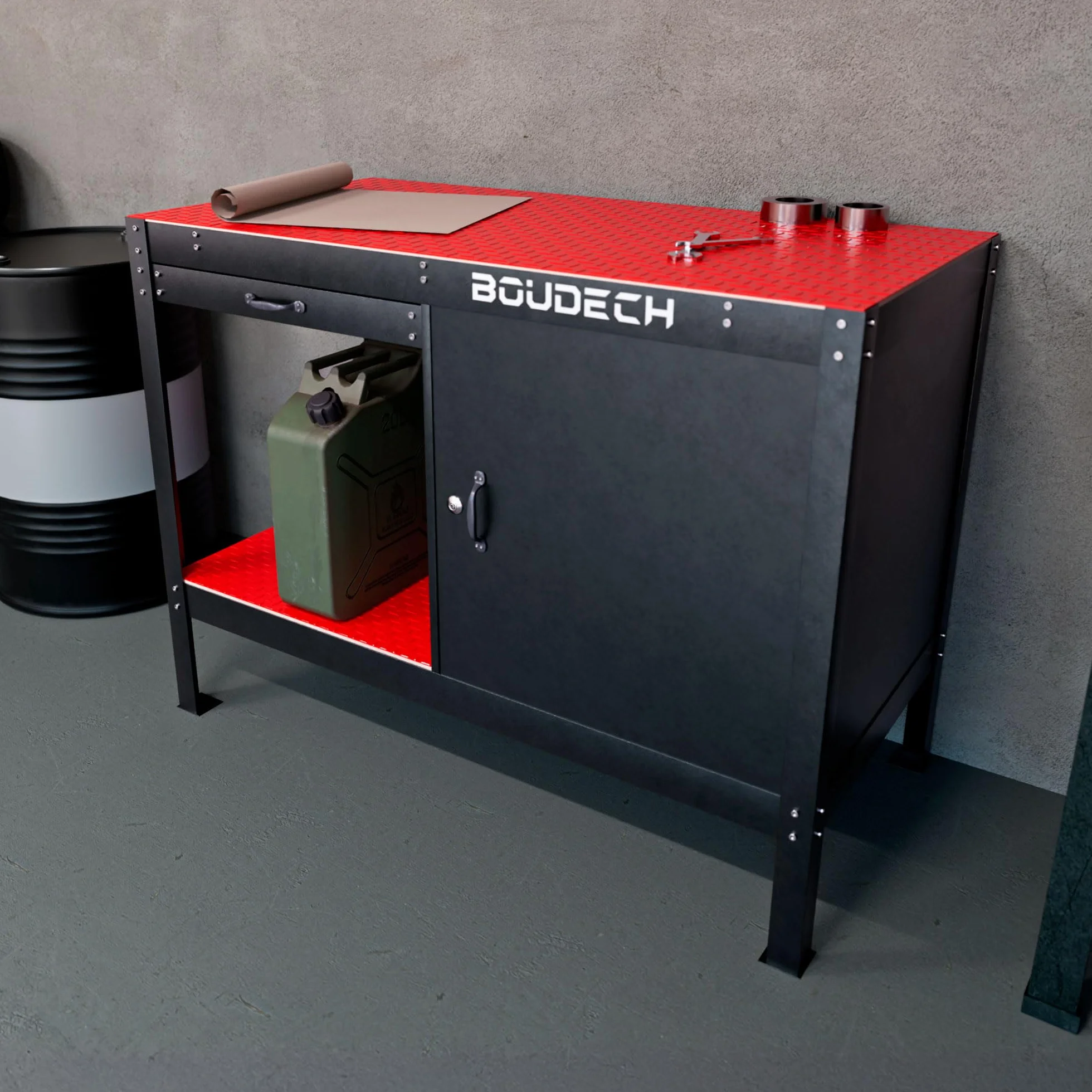 BOUDECH® MANNY - Banco da Lavoro 120x60 cm con Cassetto Porta Utensili 1 Anta e 1 Ripiano Aperto in Metallo Nero